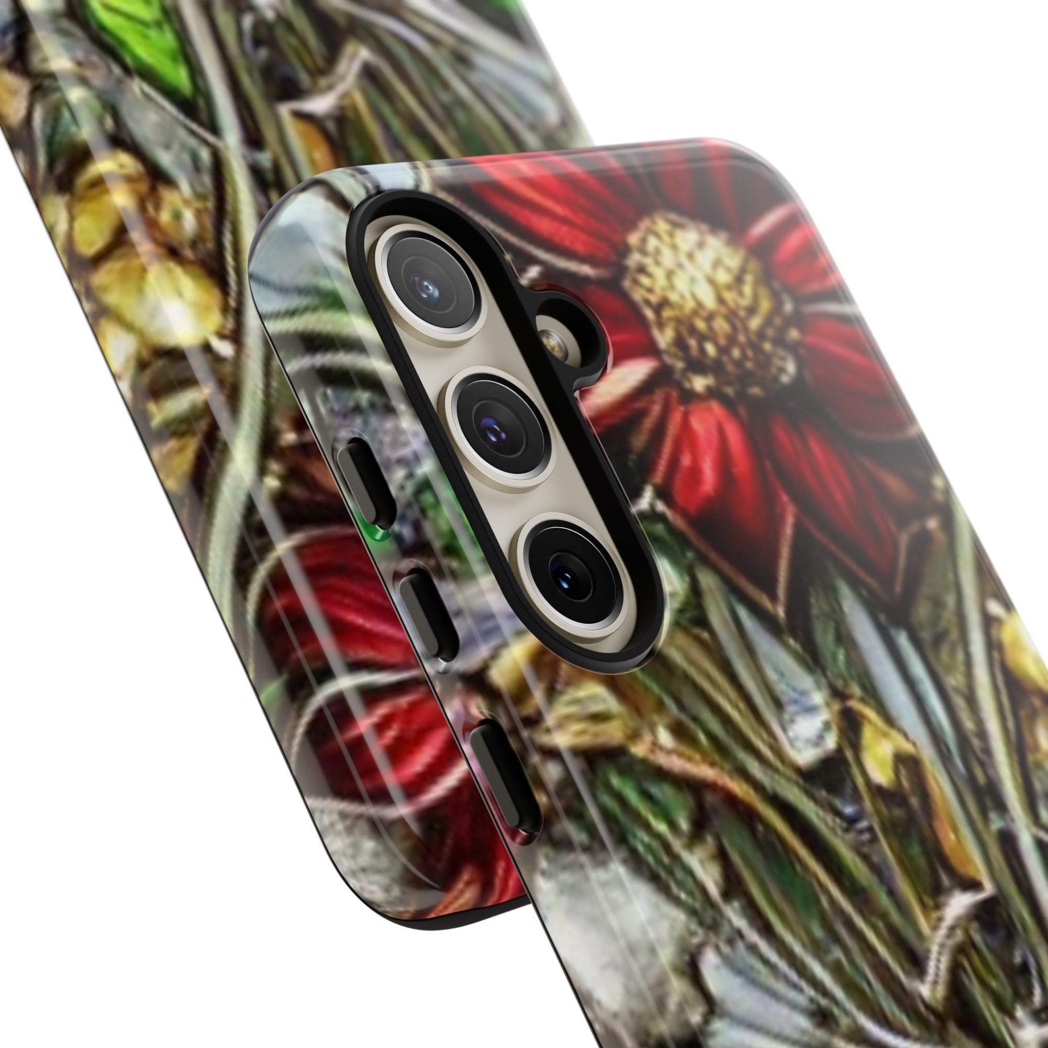 Floral Stained Glass Phone Case – Metallic Red & Purple Flower Design