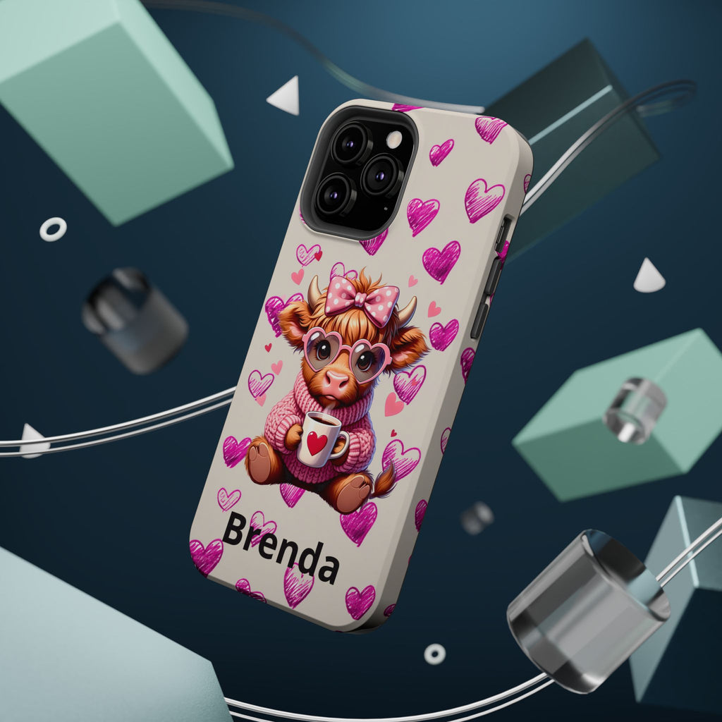 Highland Cow With Pink Hearts iPhone Case, Valentines Magnetic Impact-Resistant Case