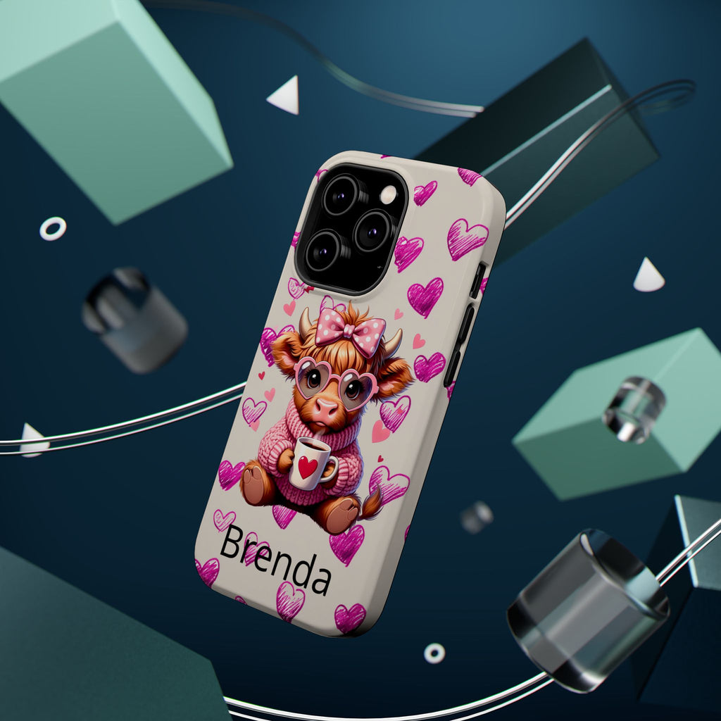 Highland Cow With Pink Hearts iPhone Case, Valentines Magnetic Impact-Resistant Case