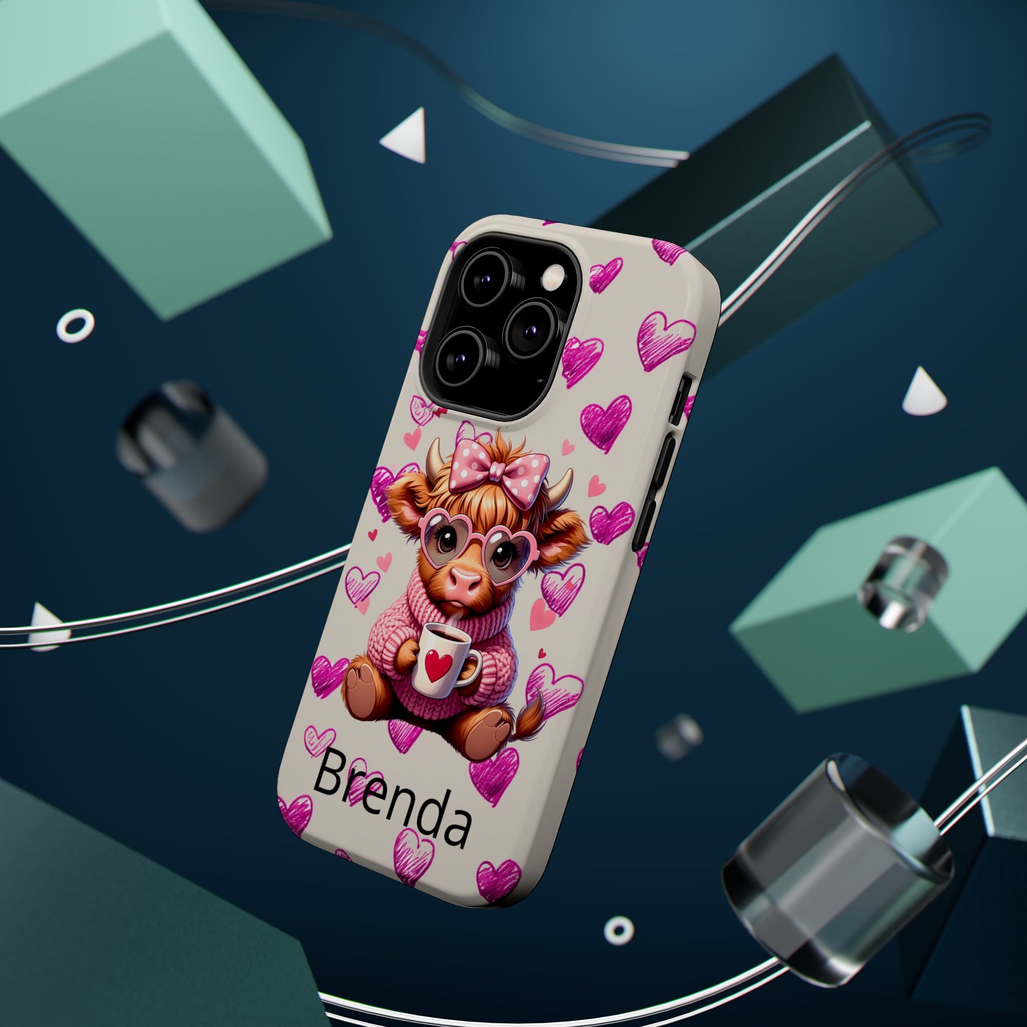 Highland Cow With Pink Hearts iPhone Case, Valentines Magnetic Impact-Resistant Case