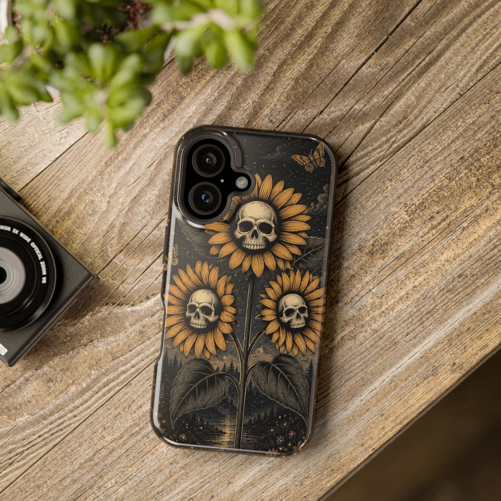 Skull Sunflowers Phone Case – Dark Floral MagSafe-Compatible Cover