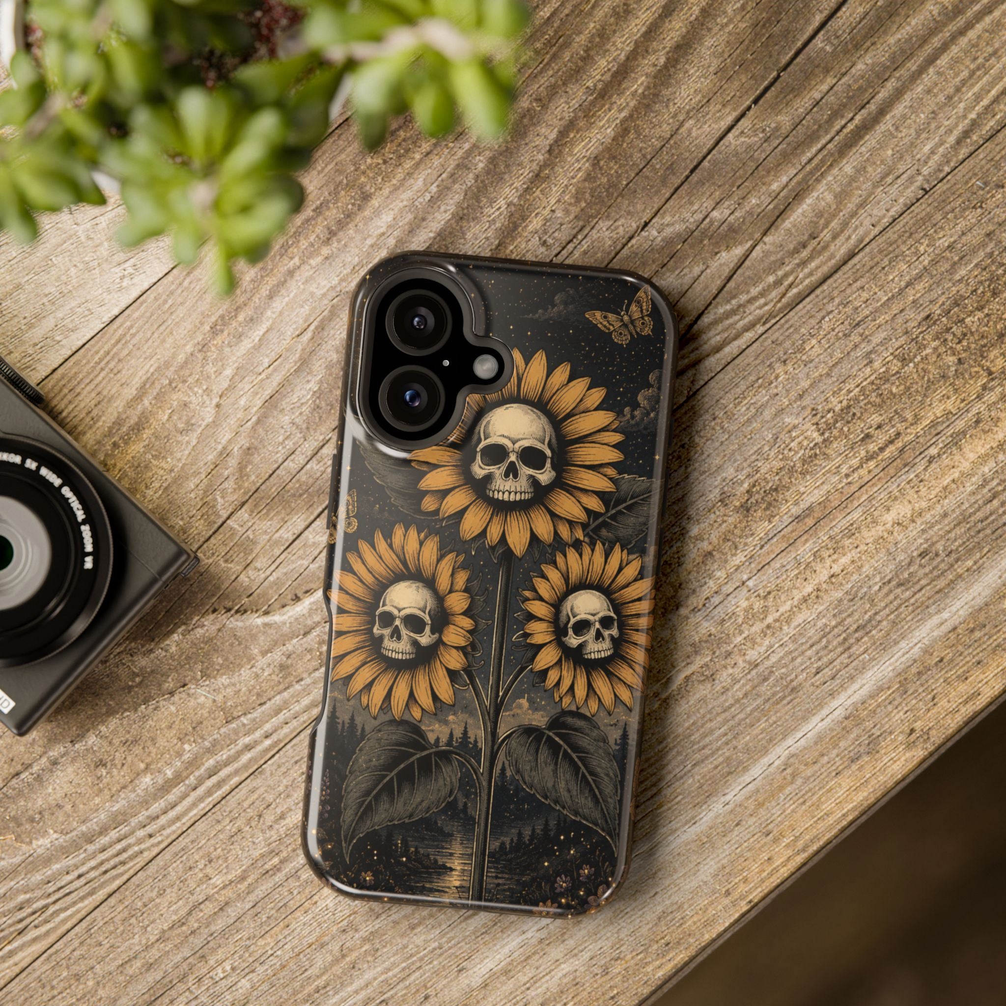Skull Sunflowers Phone Case – Dark Floral MagSafe-Compatible Cover
