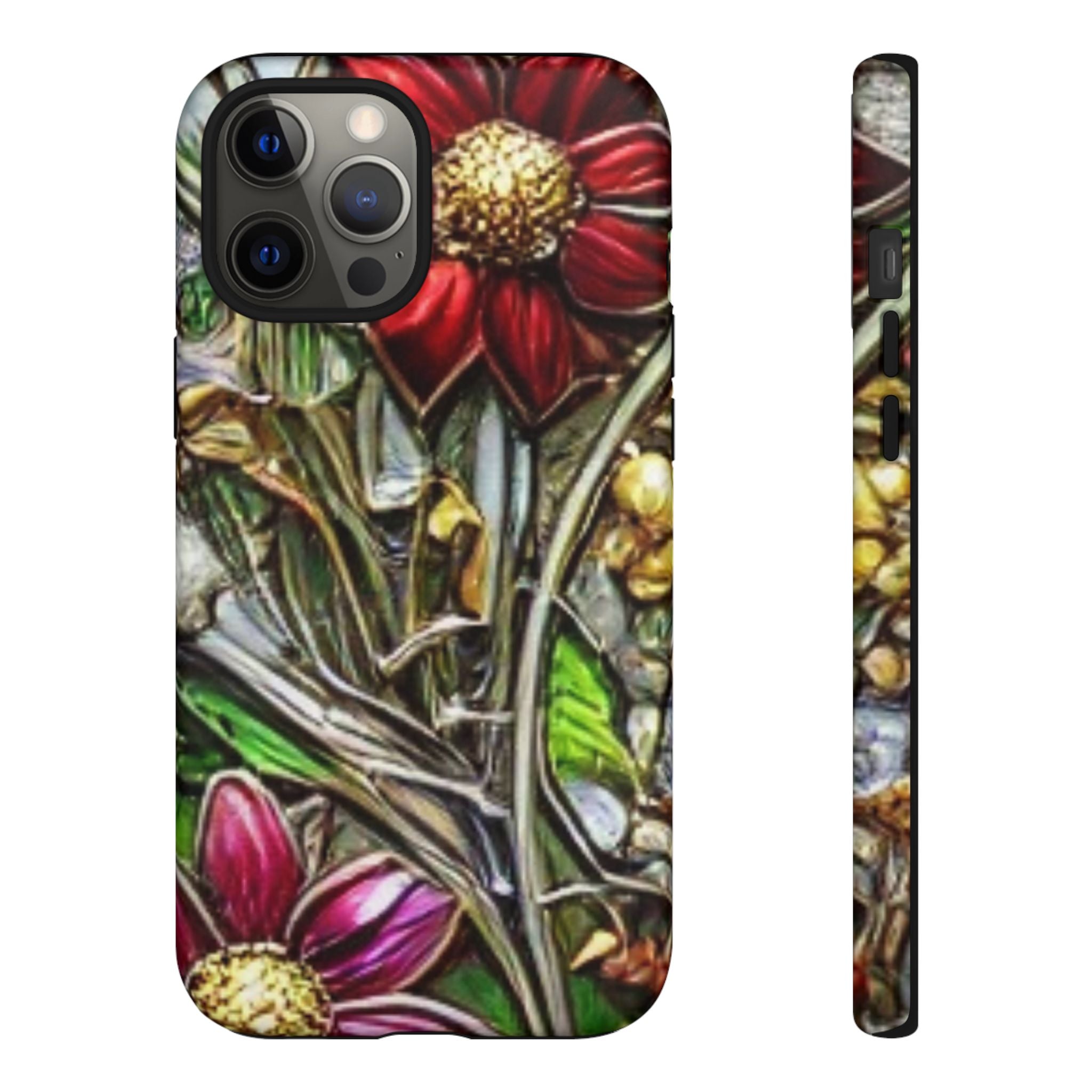 Floral Stained Glass Phone Case – Metallic Red & Purple Flower Design