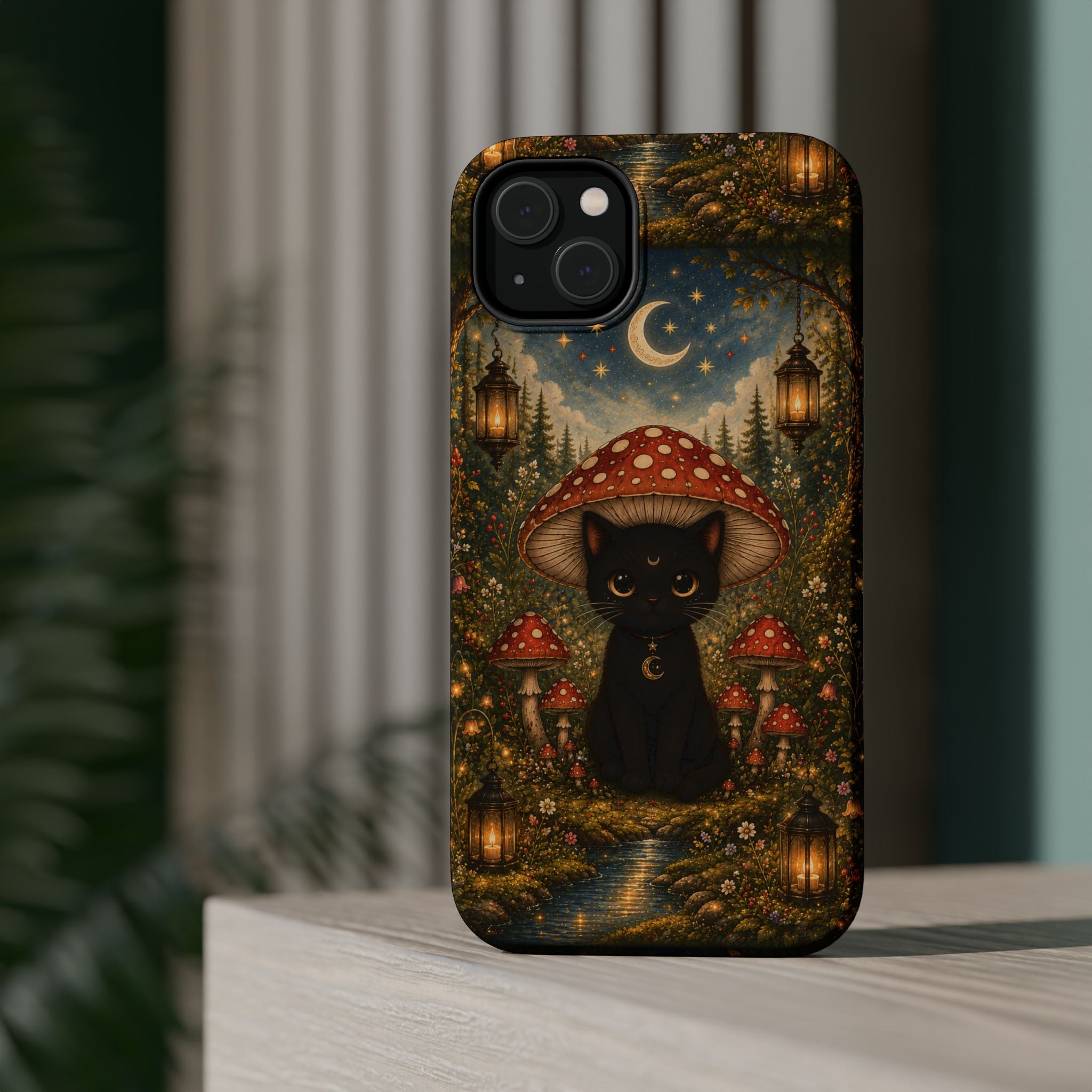 Black Cat & Mushroom Phone Case – Magical MagSafe-Compatible Cover