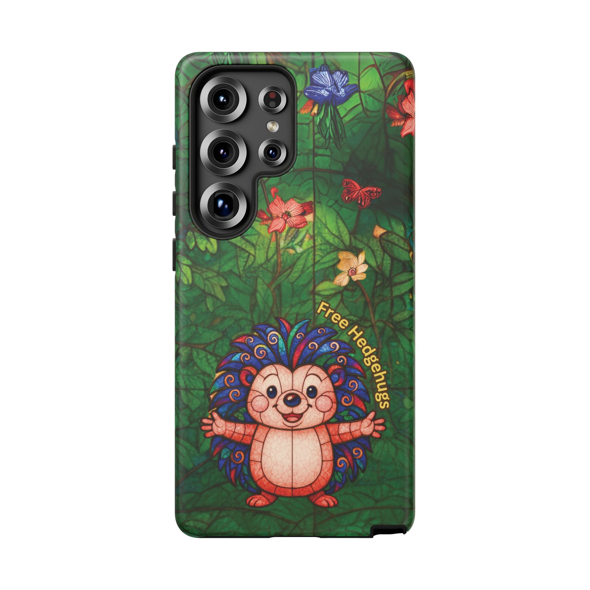 Stained Glass Hedgehog Phone Case – "Free Hedgehugs" Floral Design