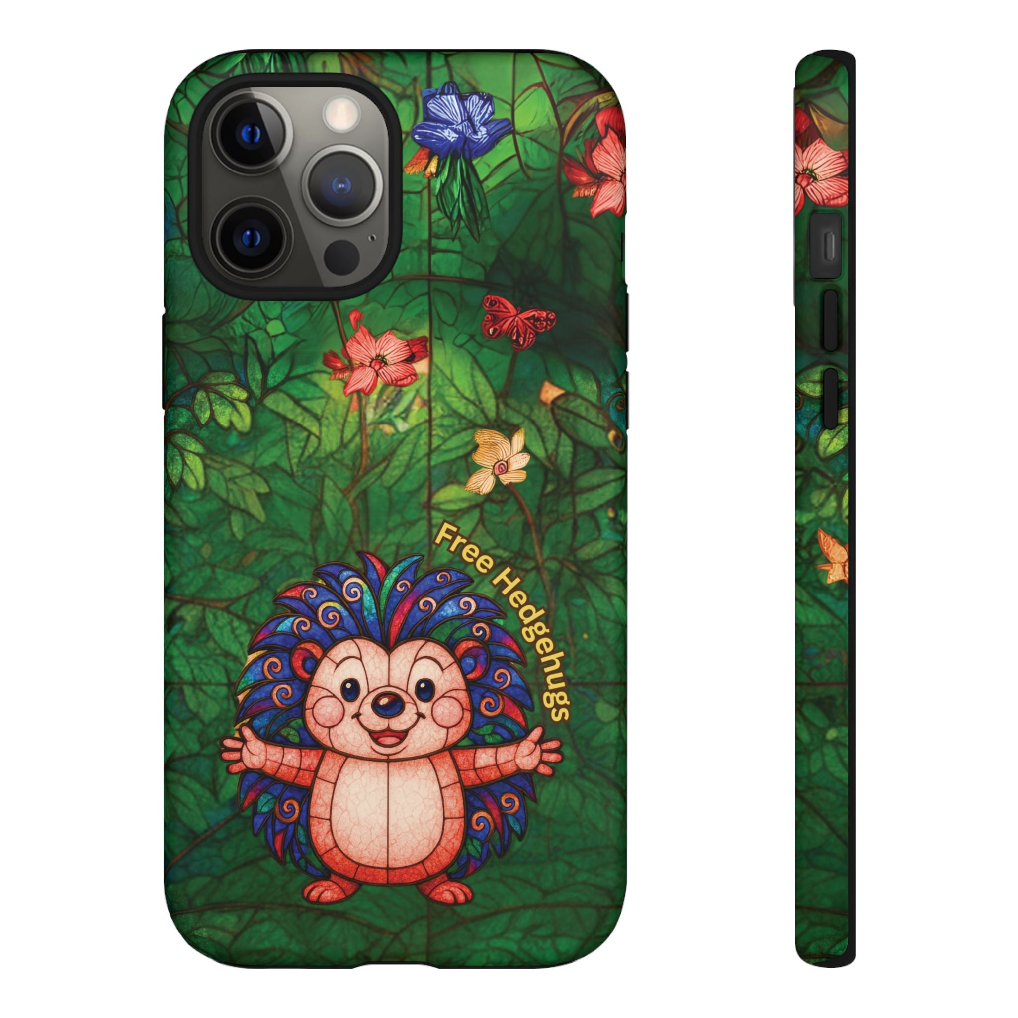 Stained Glass Hedgehog Phone Case – "Free Hedgehugs" Floral Design