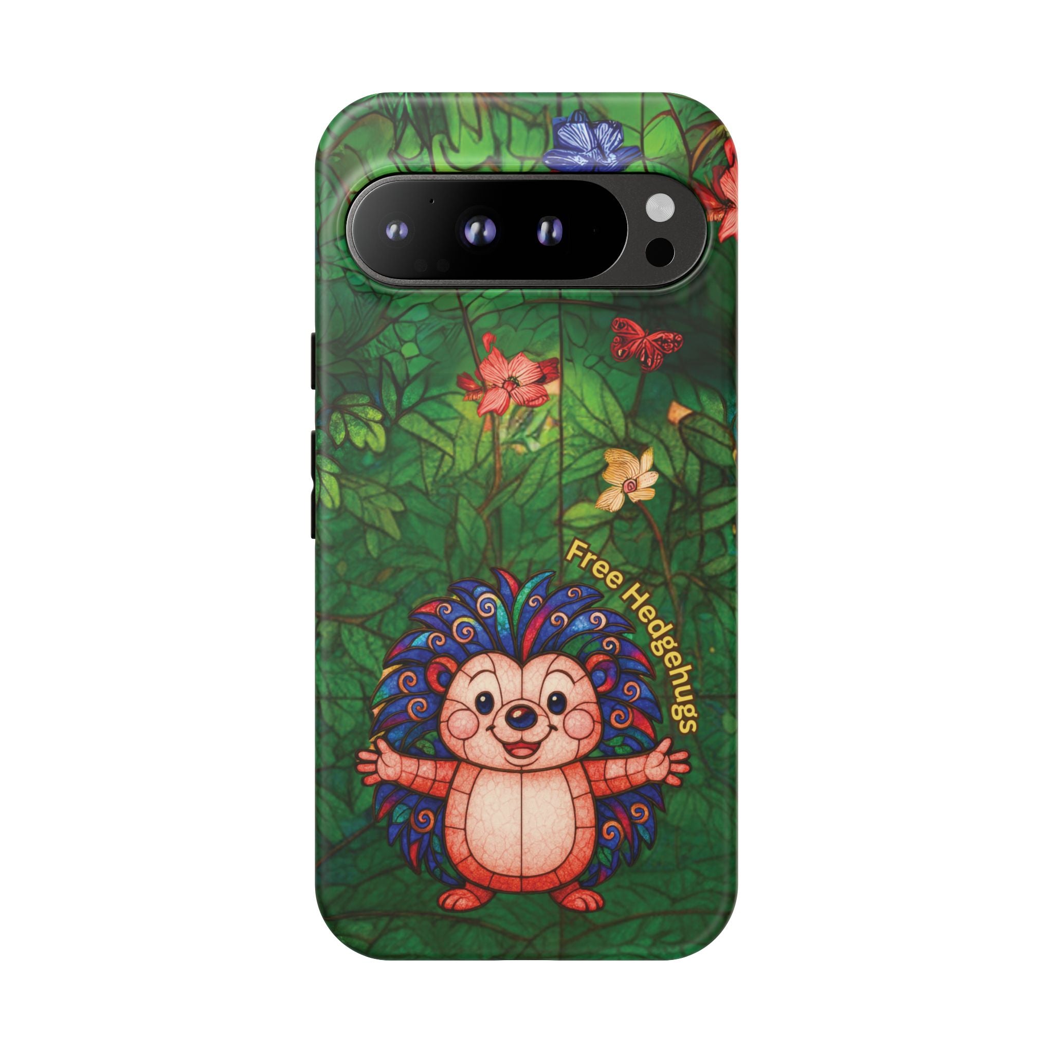 Stained Glass Hedgehog Phone Case – "Free Hedgehugs" Floral Design