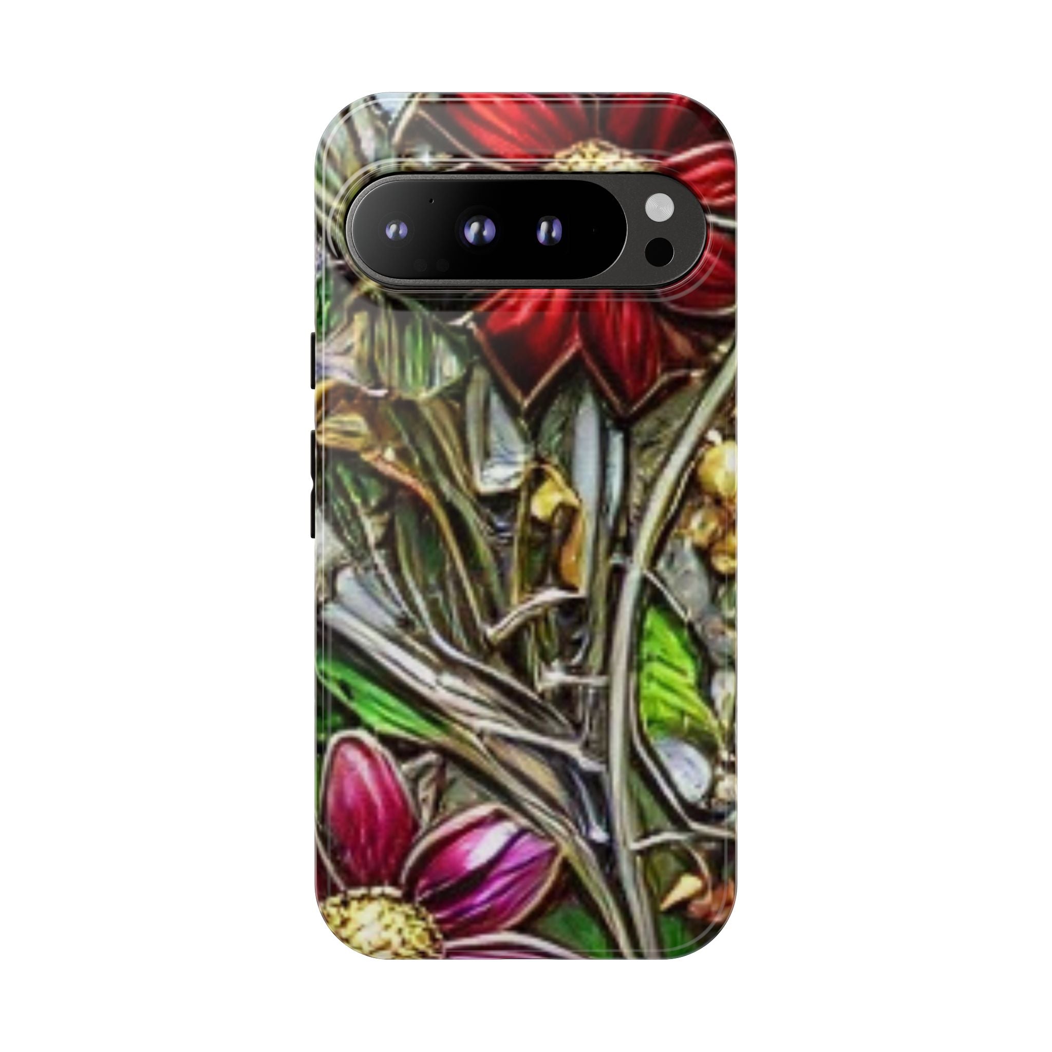 Floral Stained Glass Phone Case – Metallic Red & Purple Flower Design