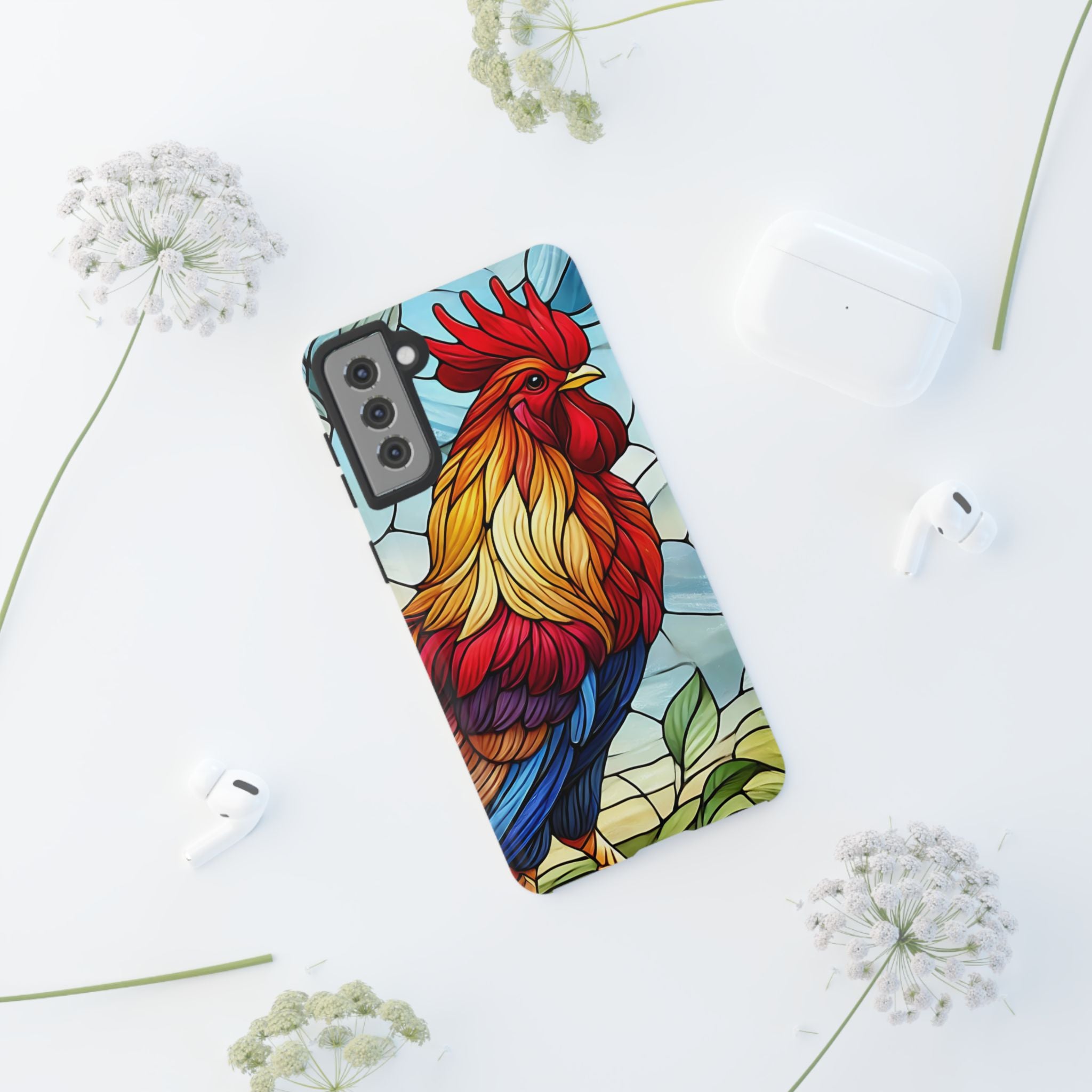 Colorful Stained Glass Rooster Android Case, Tough Protective Phone Cover, Farmhouse Decor Protective Phone Case, Unique Chicken Design