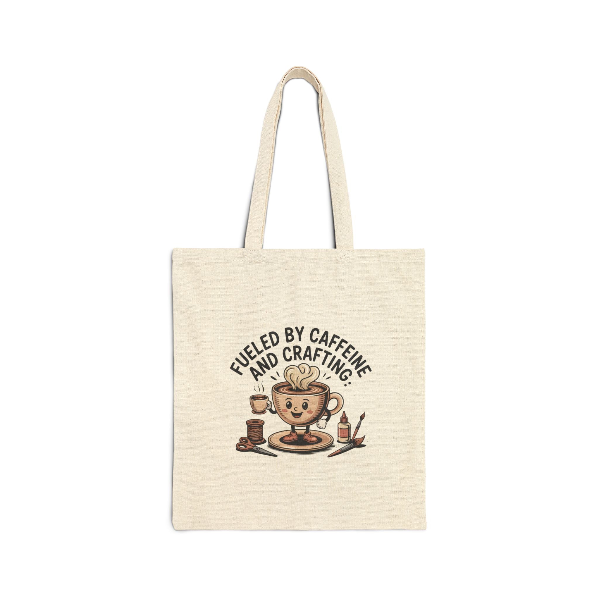 Fueled By Caffeine and Crafting Cotton Canvas Tote Bag, Black or Neutral Color, Reusable Grocery Bag, Crafting Group Matching Totes