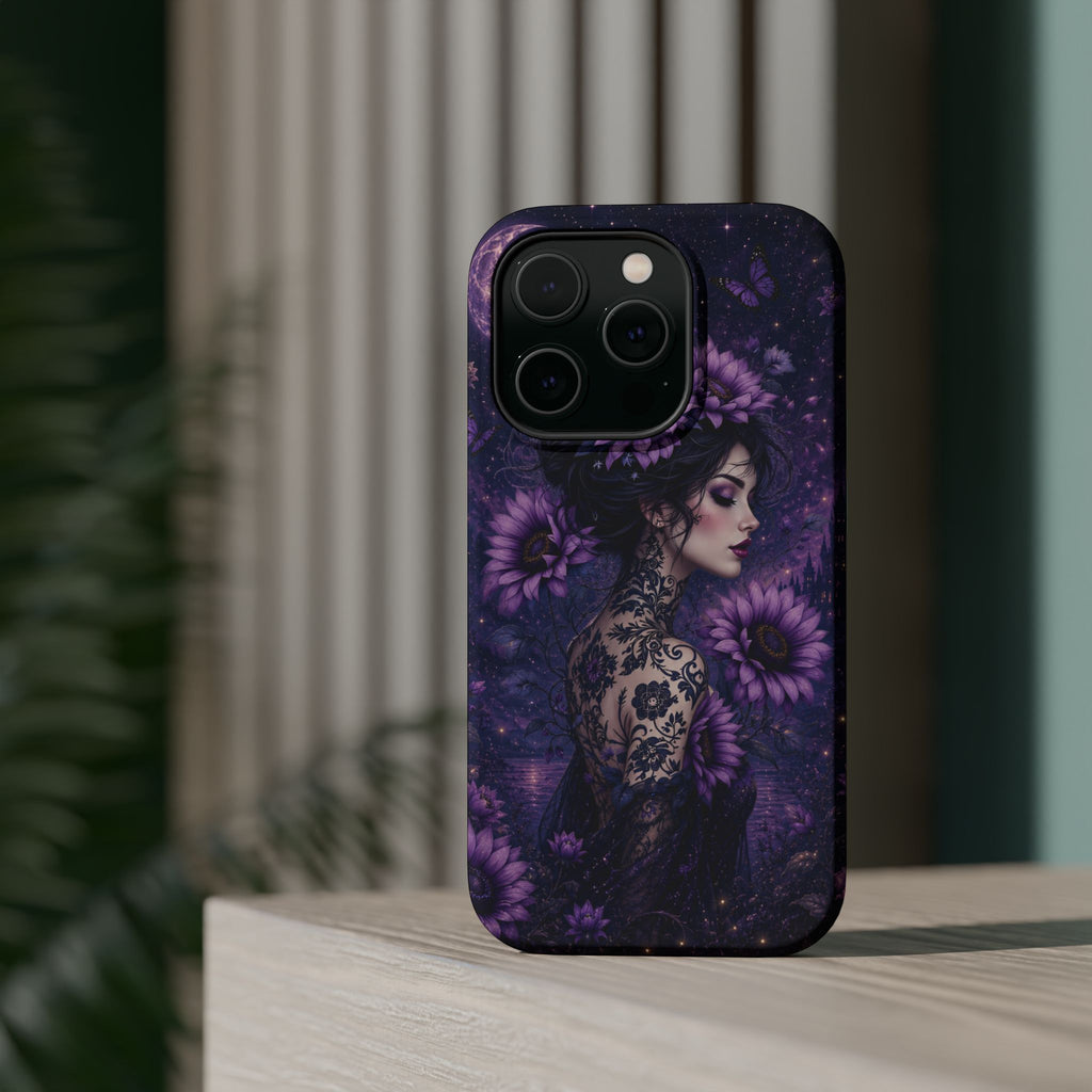 Gothic Floral Woman Phone Case – Dark Botanical MagSafe-Compatible Cover