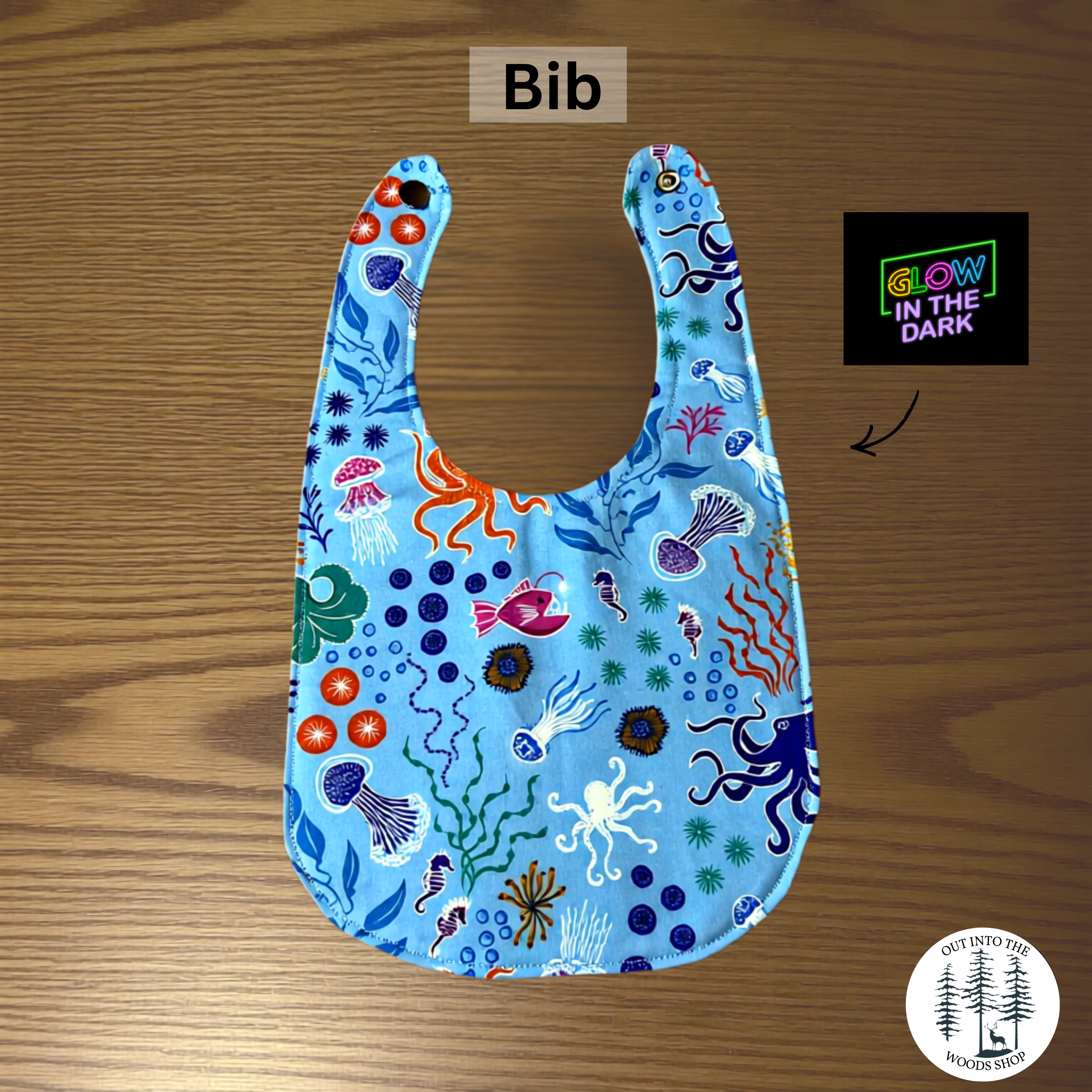 Blue Glow in the Dark Ocean Baby Gift Set – Handmade Bib, Burp Cloth & Pacifier Holder for Newborns (0–3 Months)