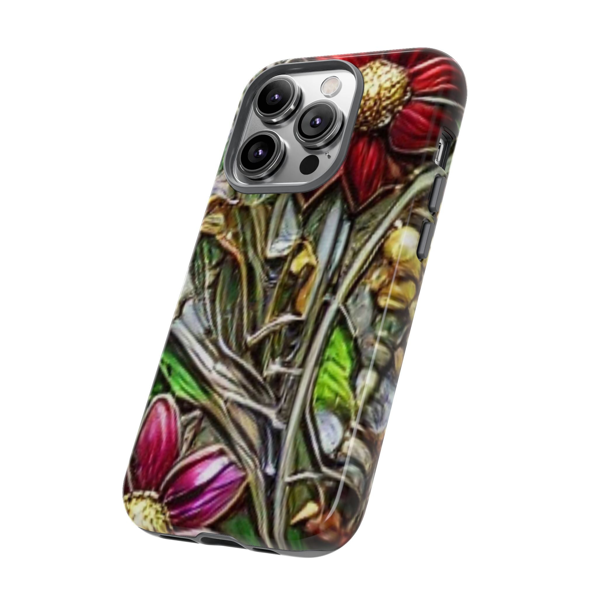 Floral Stained Glass Phone Case – Metallic Red & Purple Flower Design