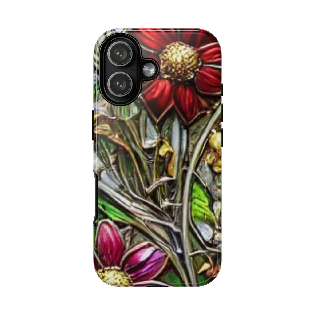Floral Stained Glass Phone Case – Metallic Red & Purple Flower Design