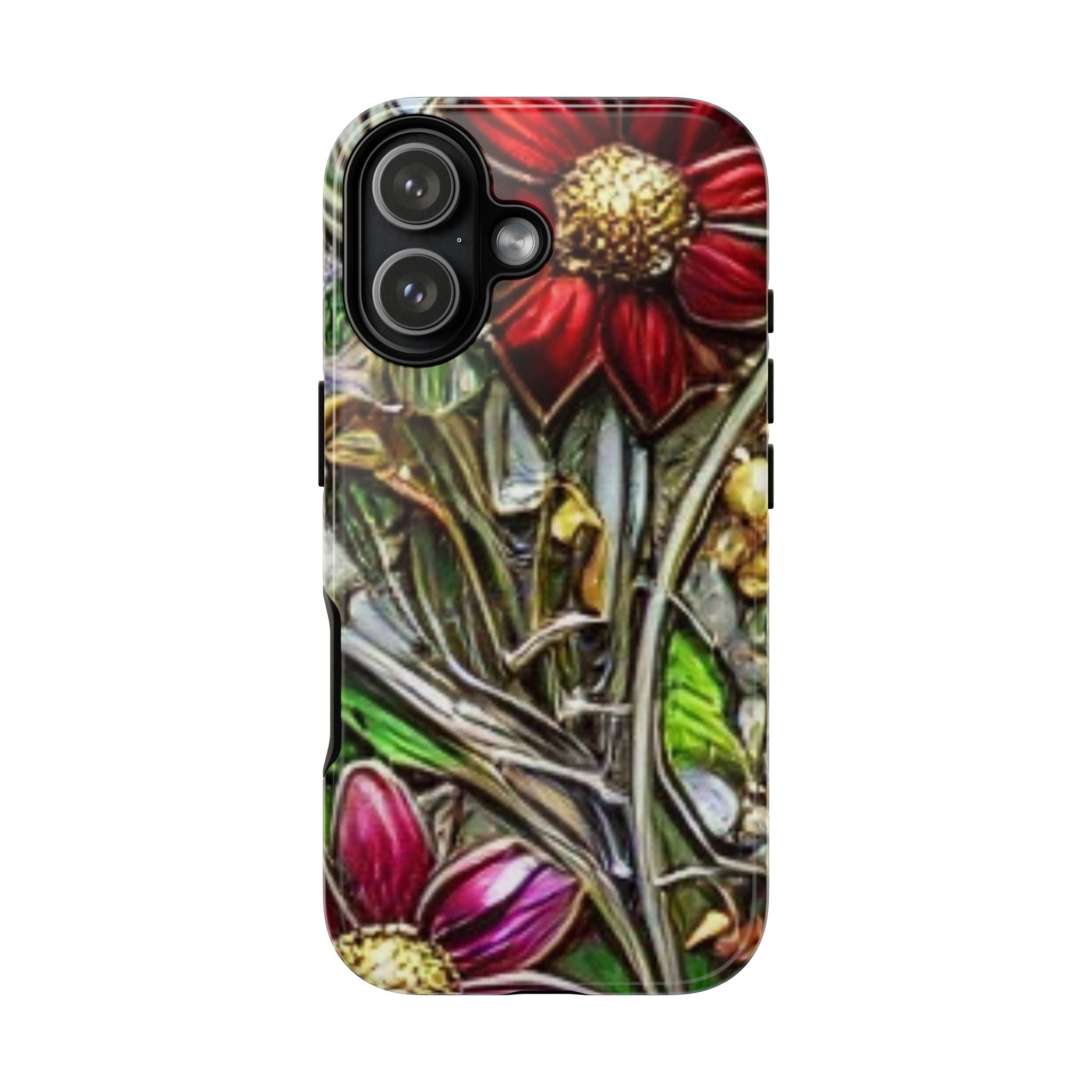 Floral Stained Glass Phone Case – Metallic Red & Purple Flower Design