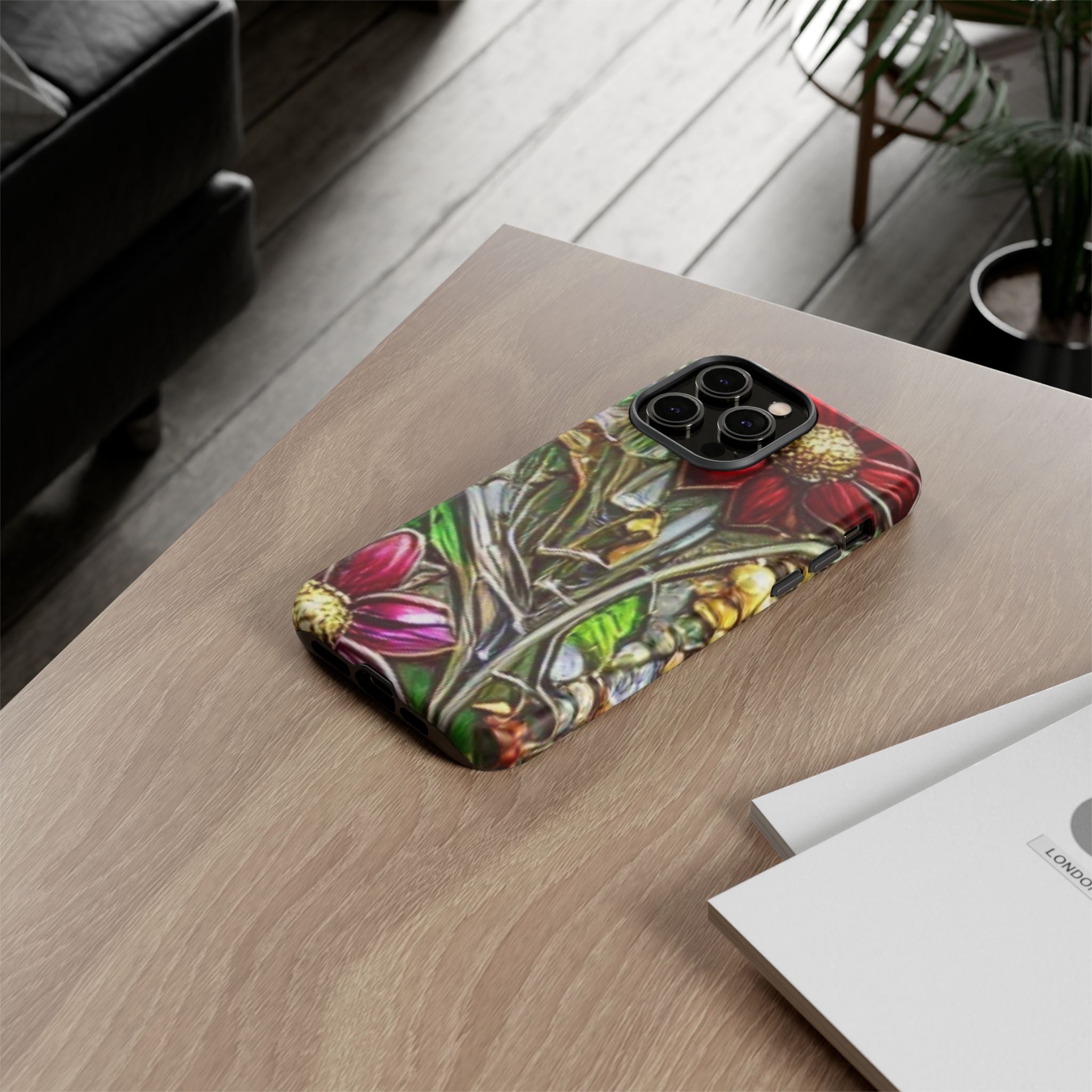 Floral Stained Glass Phone Case – Metallic Red & Purple Flower Design