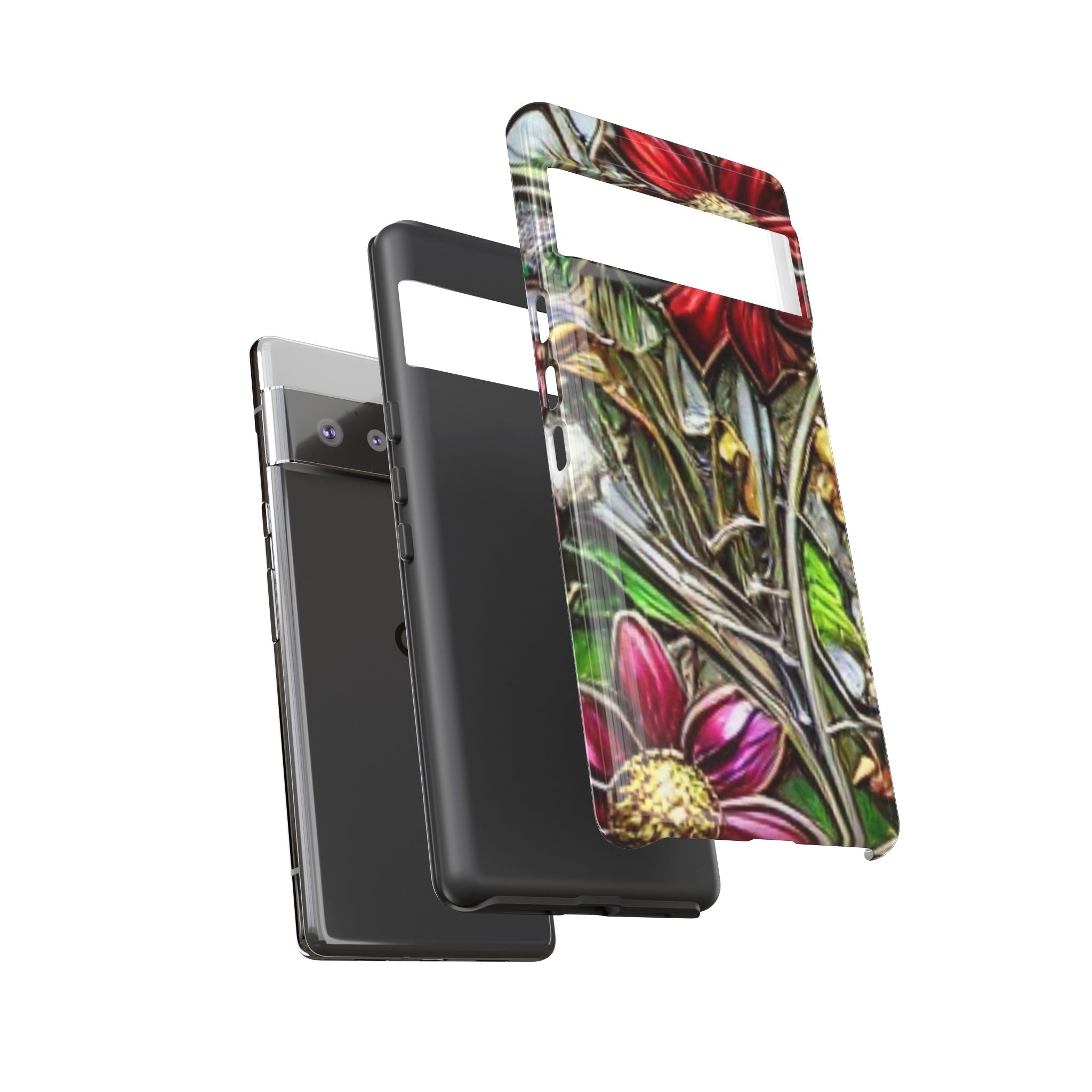 Floral Stained Glass Phone Case – Metallic Red & Purple Flower Design