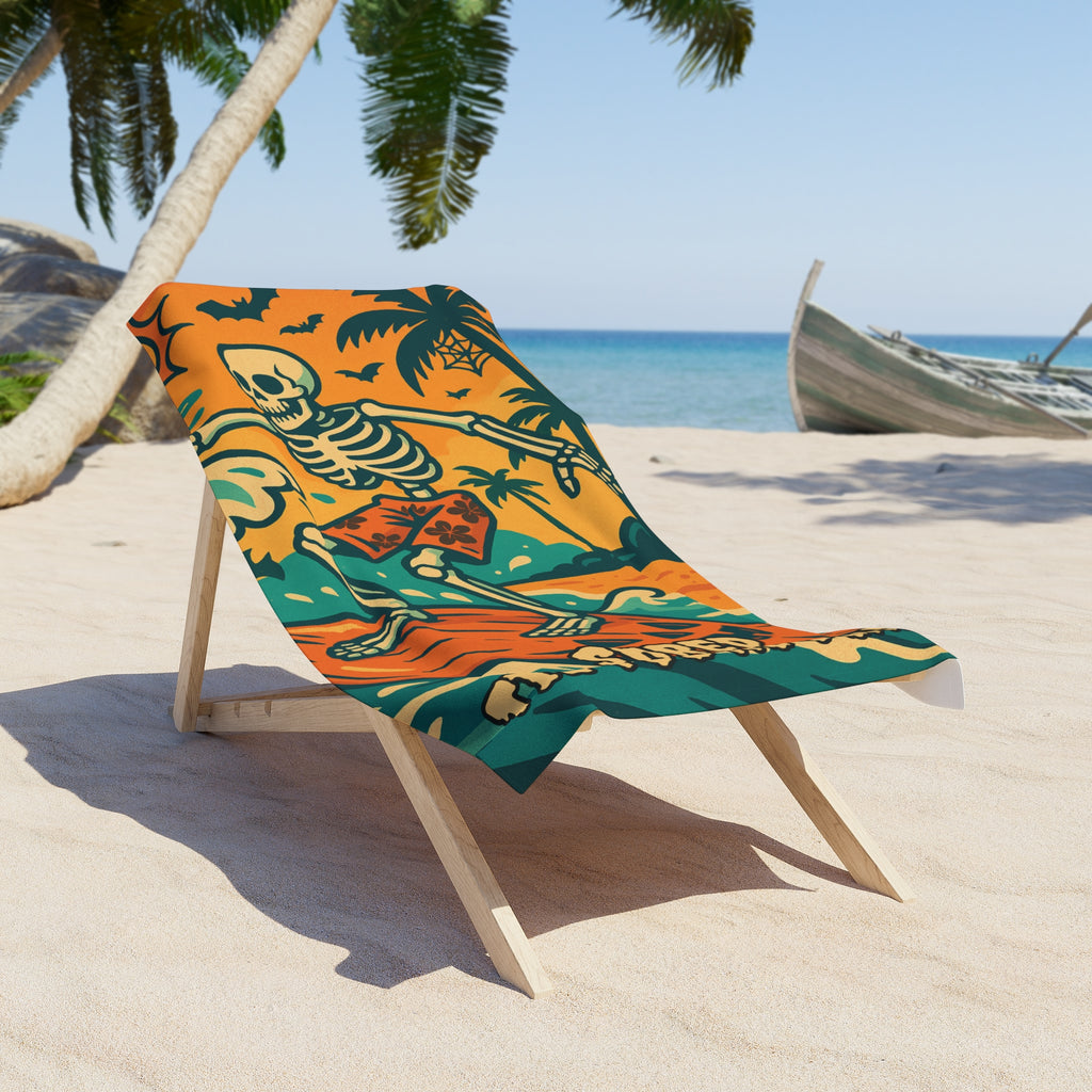 Skeleton Surfing Beach Towel — "Shred Til You're Dead" Summerween Skull Towel | Spooky Summer Beach & Pool Party Gift