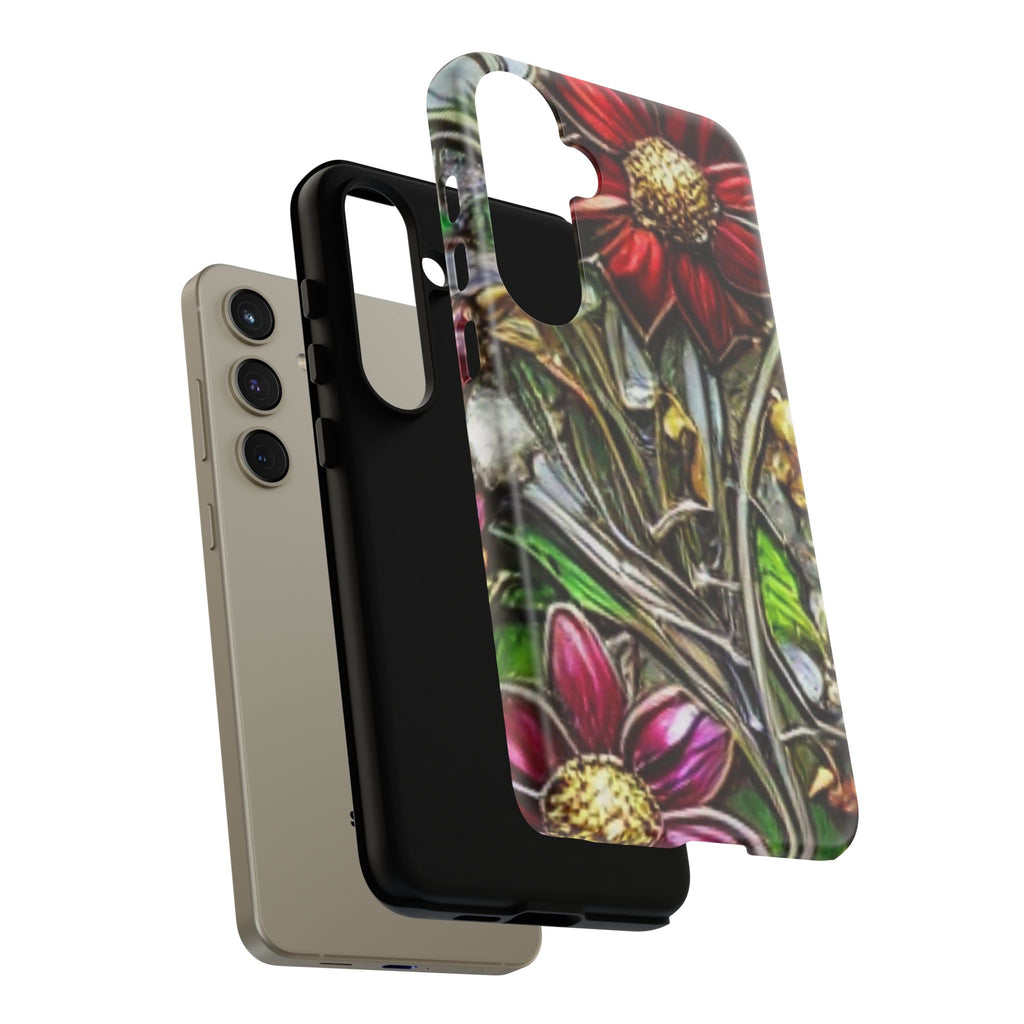 Floral Stained Glass Phone Case – Metallic Red & Purple Flower Design