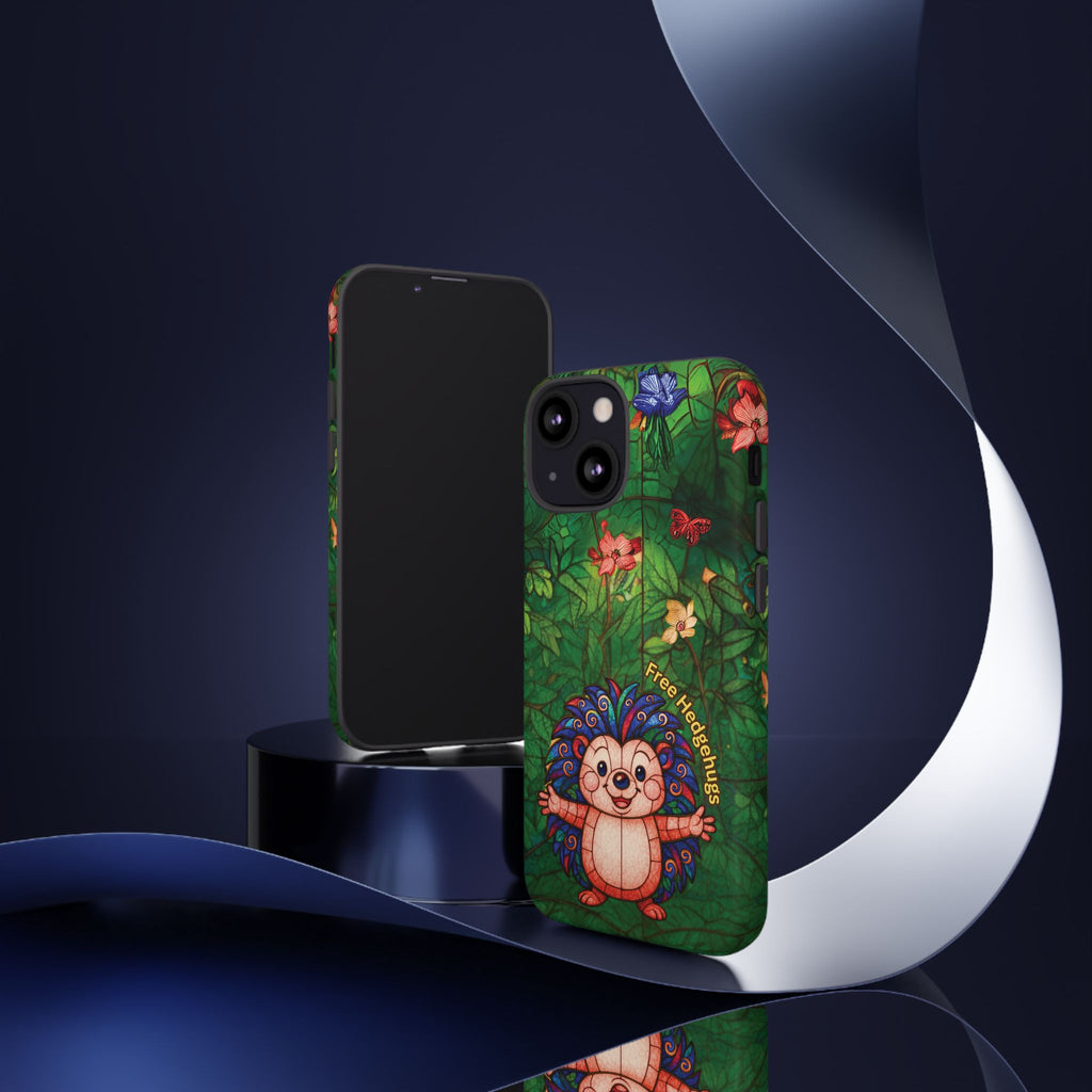Stained Glass Hedgehog Phone Case – "Free Hedgehugs" Floral Design