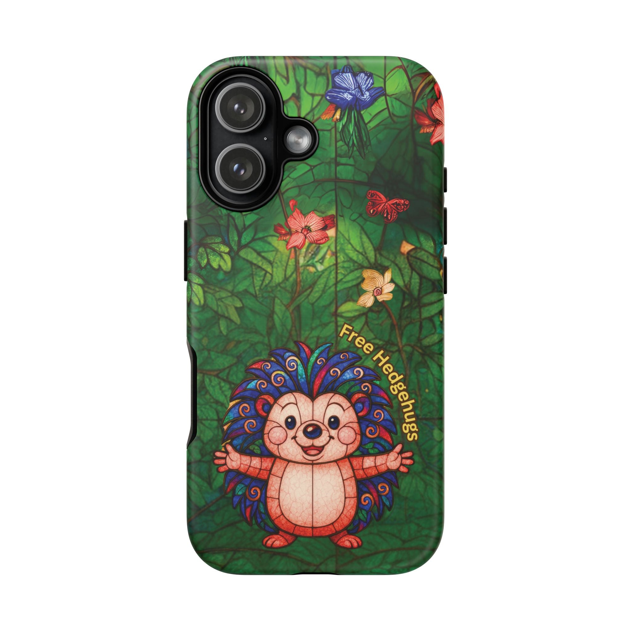 Stained Glass Hedgehog Phone Case – "Free Hedgehugs" Floral Design