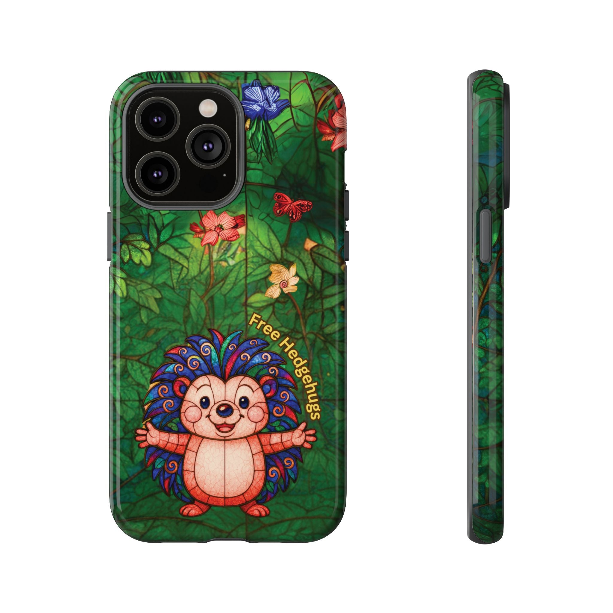 Stained Glass Hedgehog Phone Case – "Free Hedgehugs" Floral Design