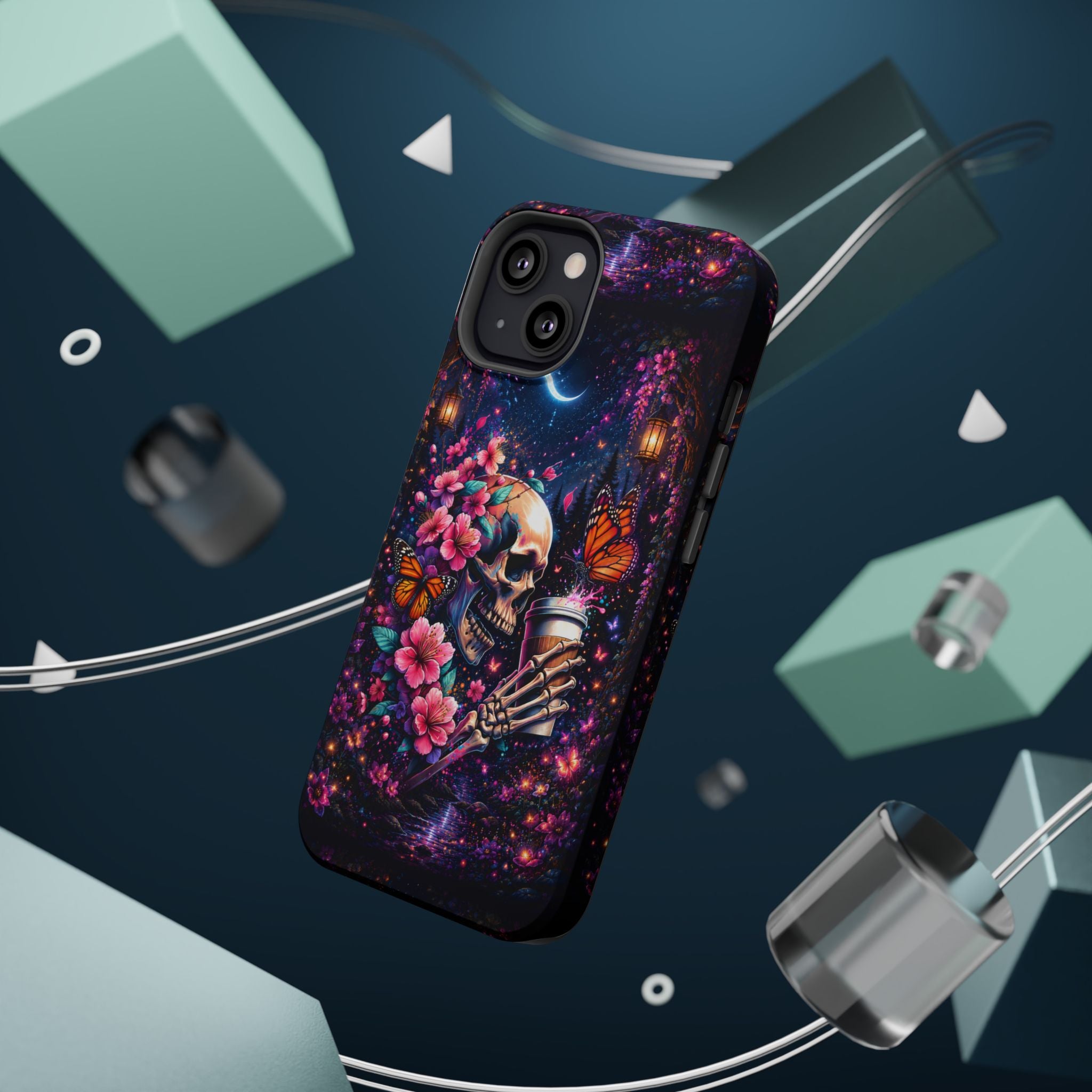 Skull & Cherry Blossom Phone Case – Floral Gothic MagSafe Cover
