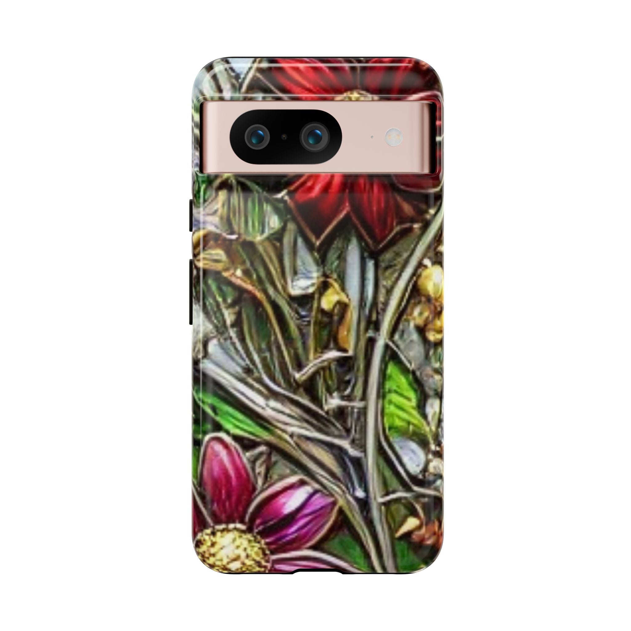 Floral Stained Glass Phone Case – Metallic Red & Purple Flower Design