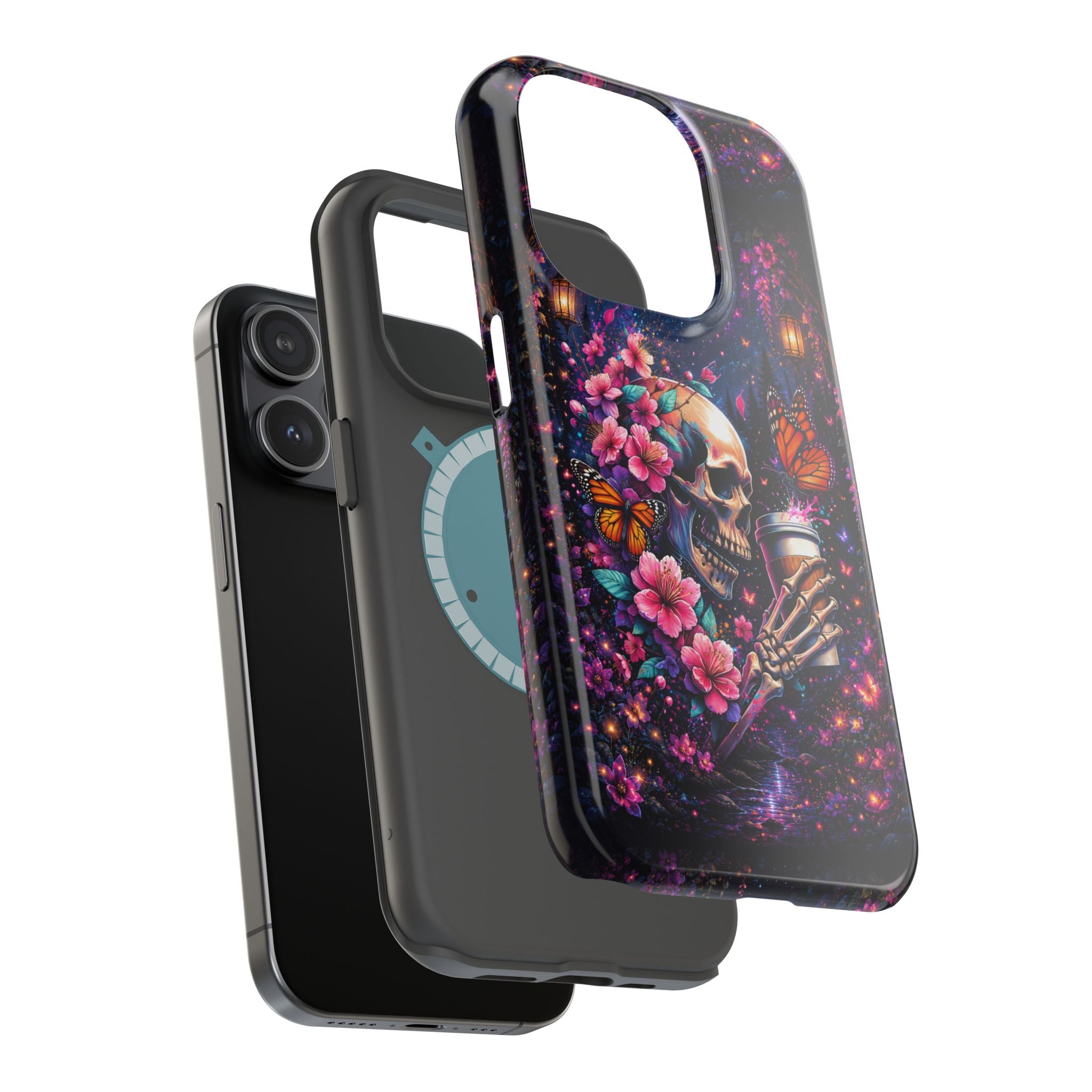 Skull & Cherry Blossom Phone Case – Floral Gothic MagSafe Cover