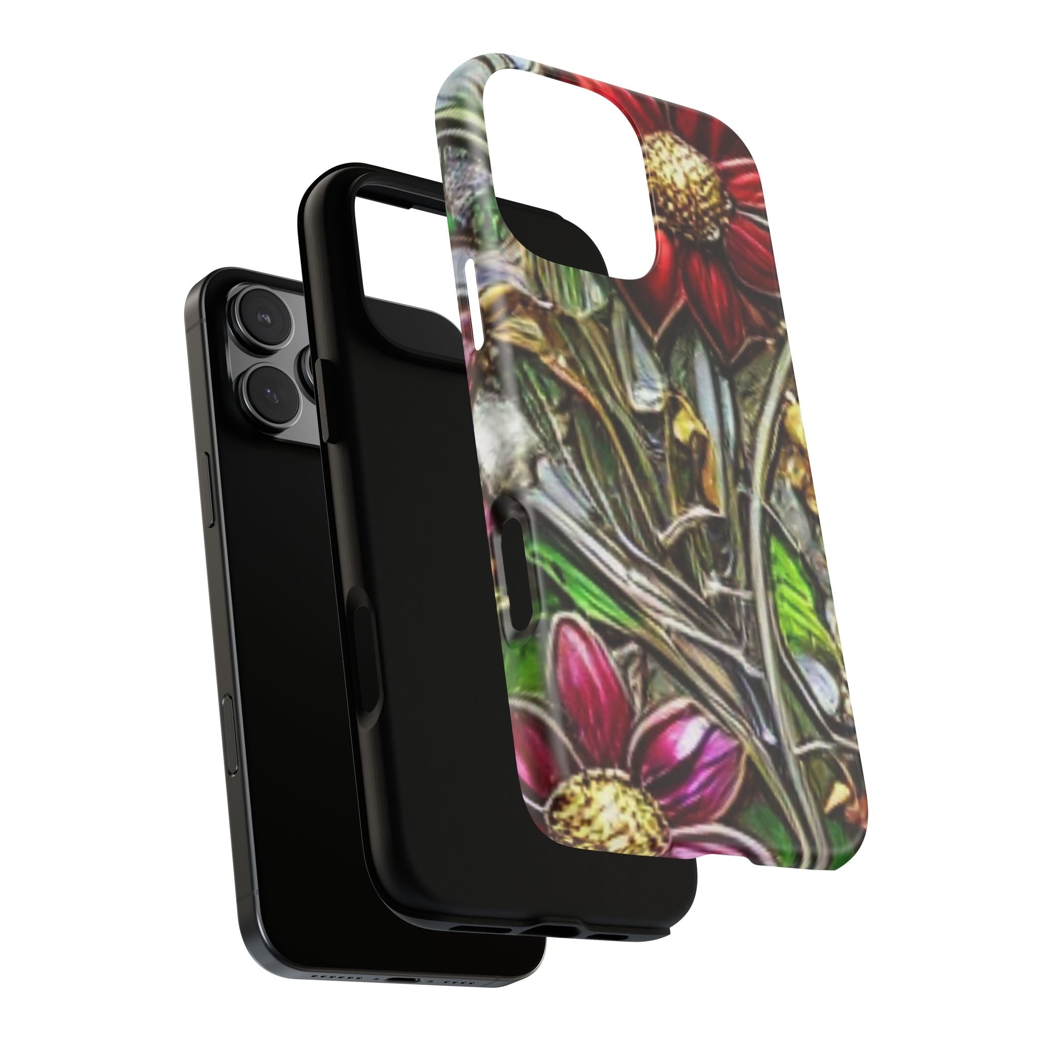 Floral Stained Glass Phone Case – Metallic Red & Purple Flower Design