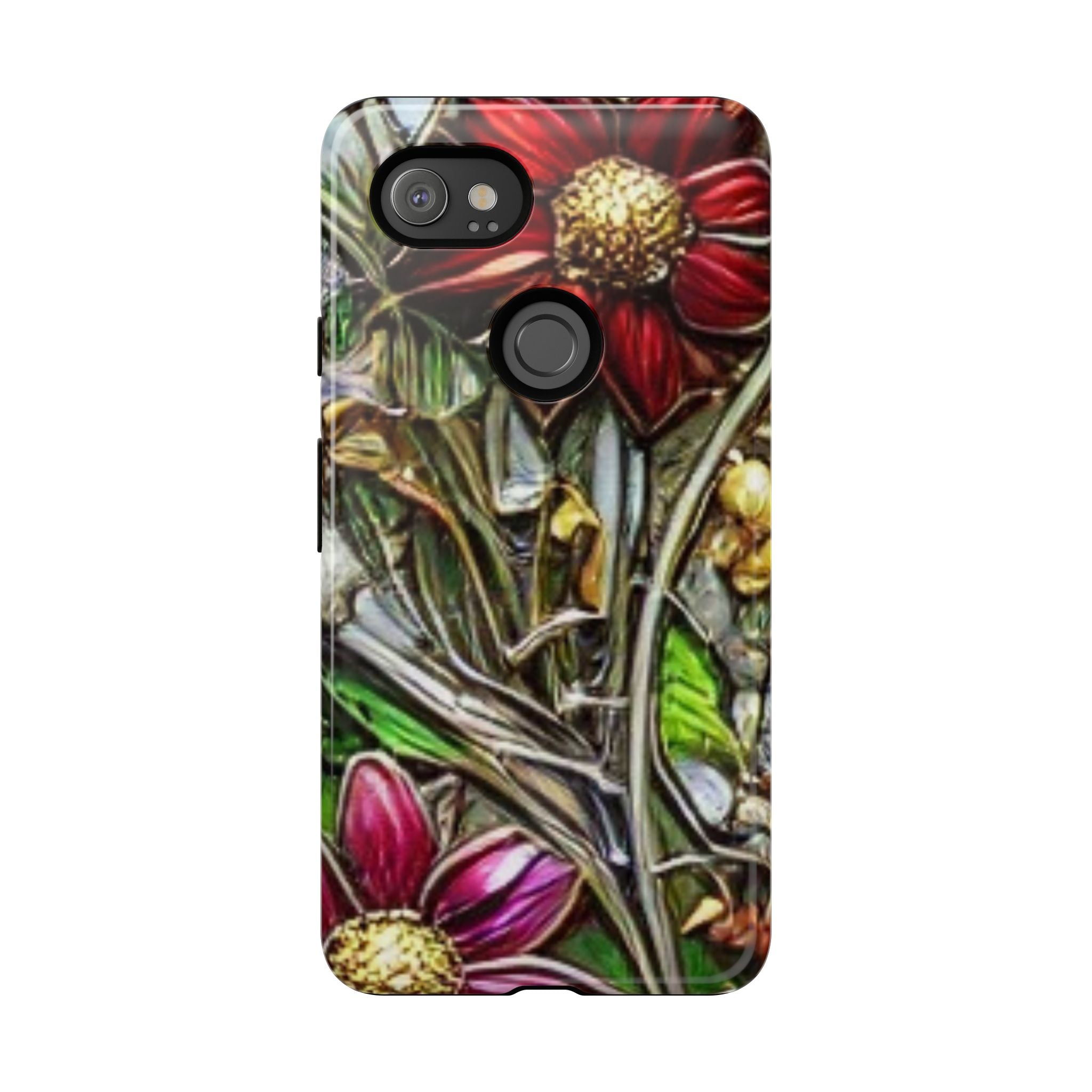 Floral Stained Glass Phone Case – Metallic Red & Purple Flower Design