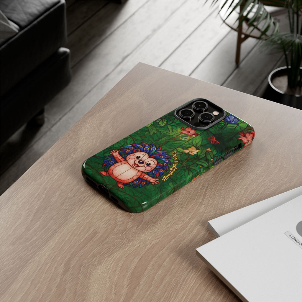 Stained Glass Hedgehog Phone Case – "Free Hedgehugs" Floral Design