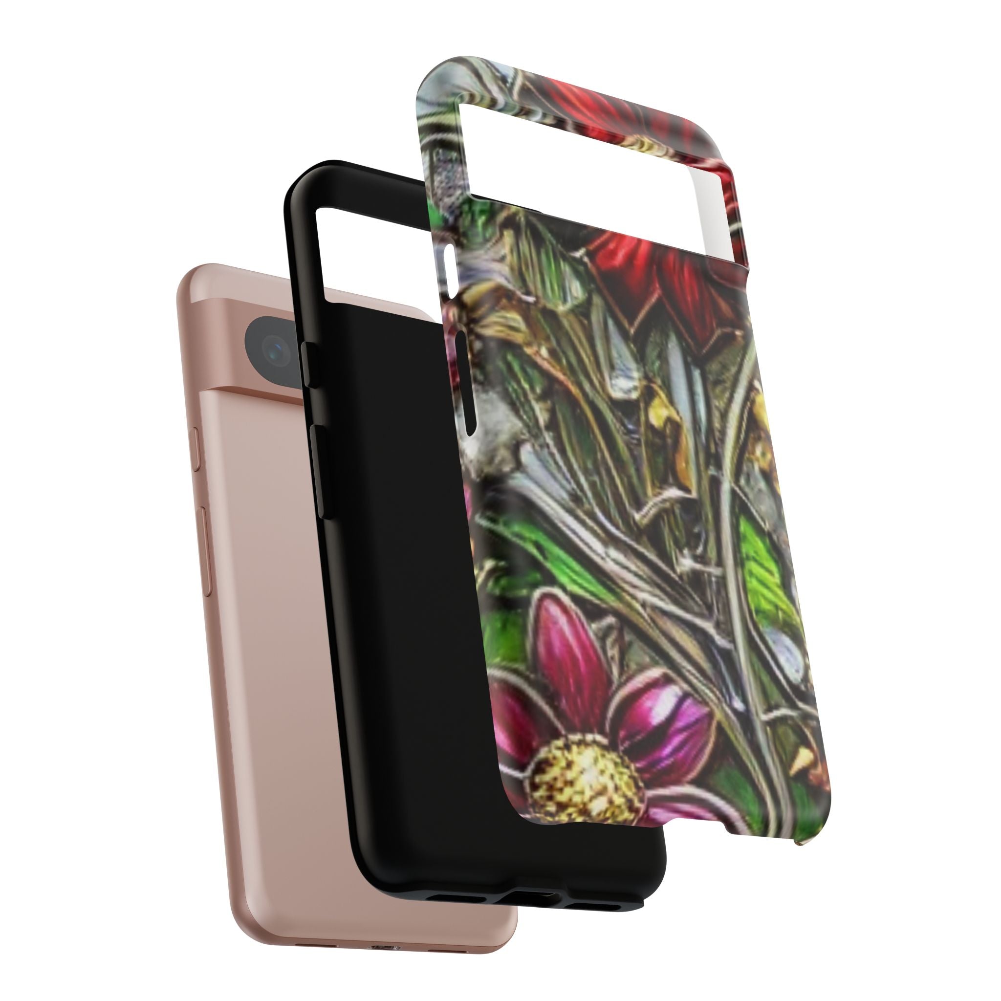 Floral Stained Glass Phone Case – Metallic Red & Purple Flower Design
