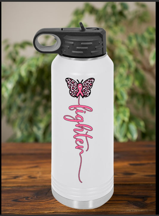 Customizable Breast Cancer FIGHTER Water Bottle with Butterfly Design, Inspirational Gift for Fitness, Hydration, Personalized, Elegant and Motivational