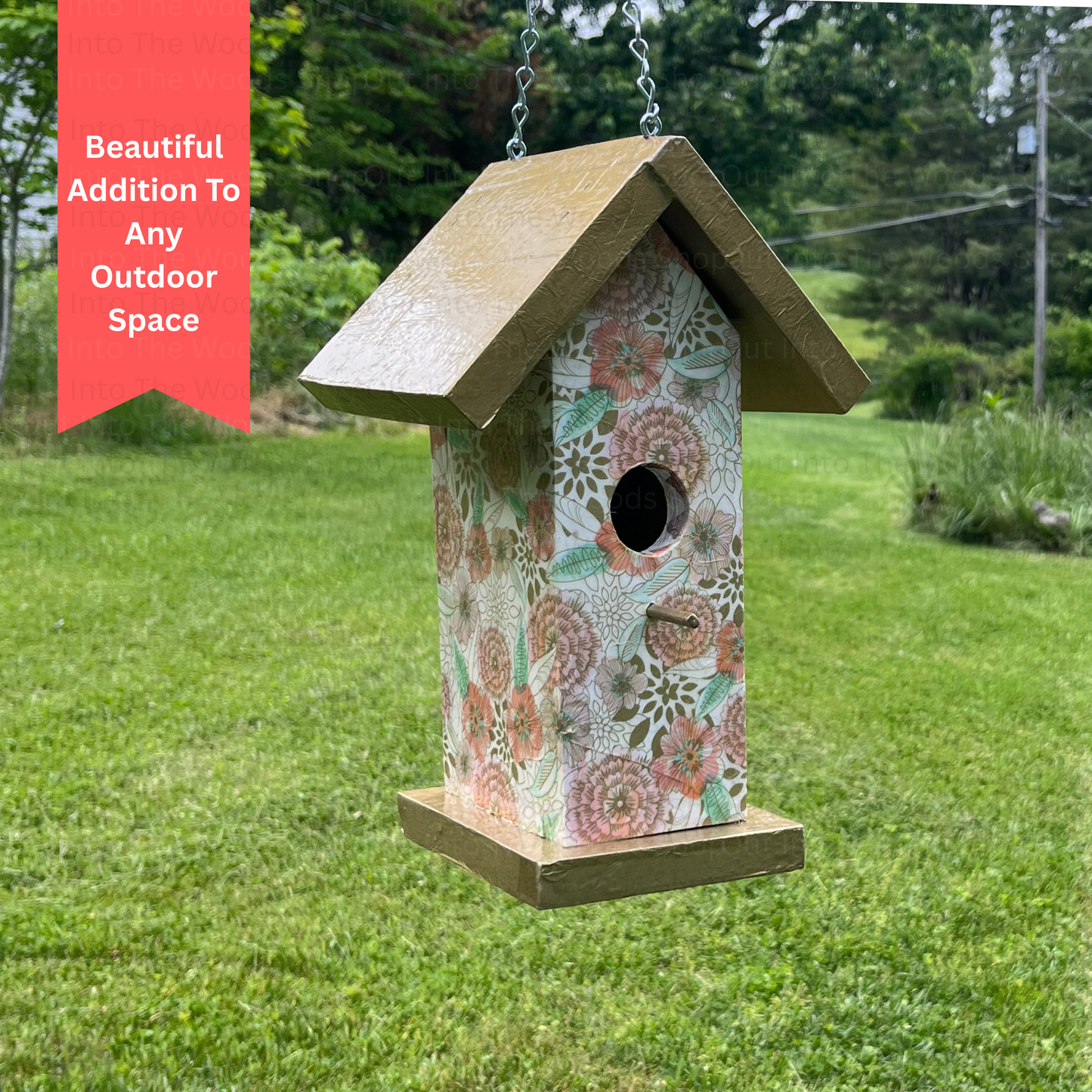 Handmade Gold Floral Birdhouse, Summer Garden Decor, Wooden Hanging Nesting Box, Beautiful Decoupage Yard Art