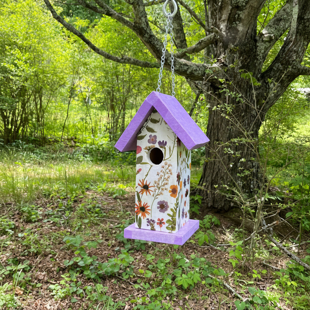 Handmade Purple Wildflower Wooden Birdhouse