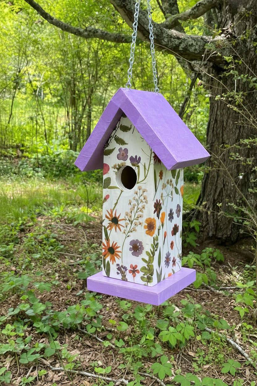 Handmade Purple Wildflower Wooden Birdhouse