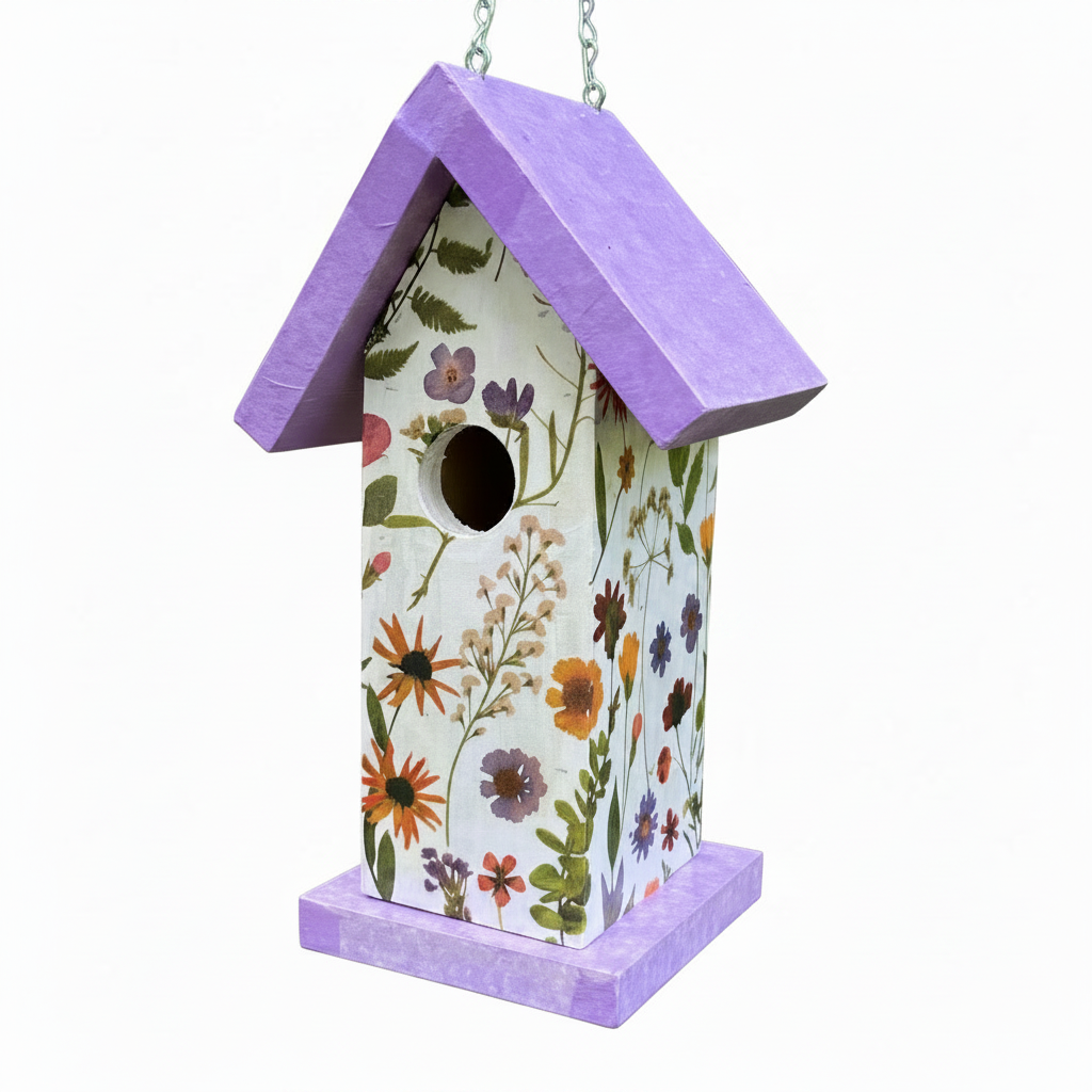 Handmade Purple Wildflower Wooden Birdhouse
