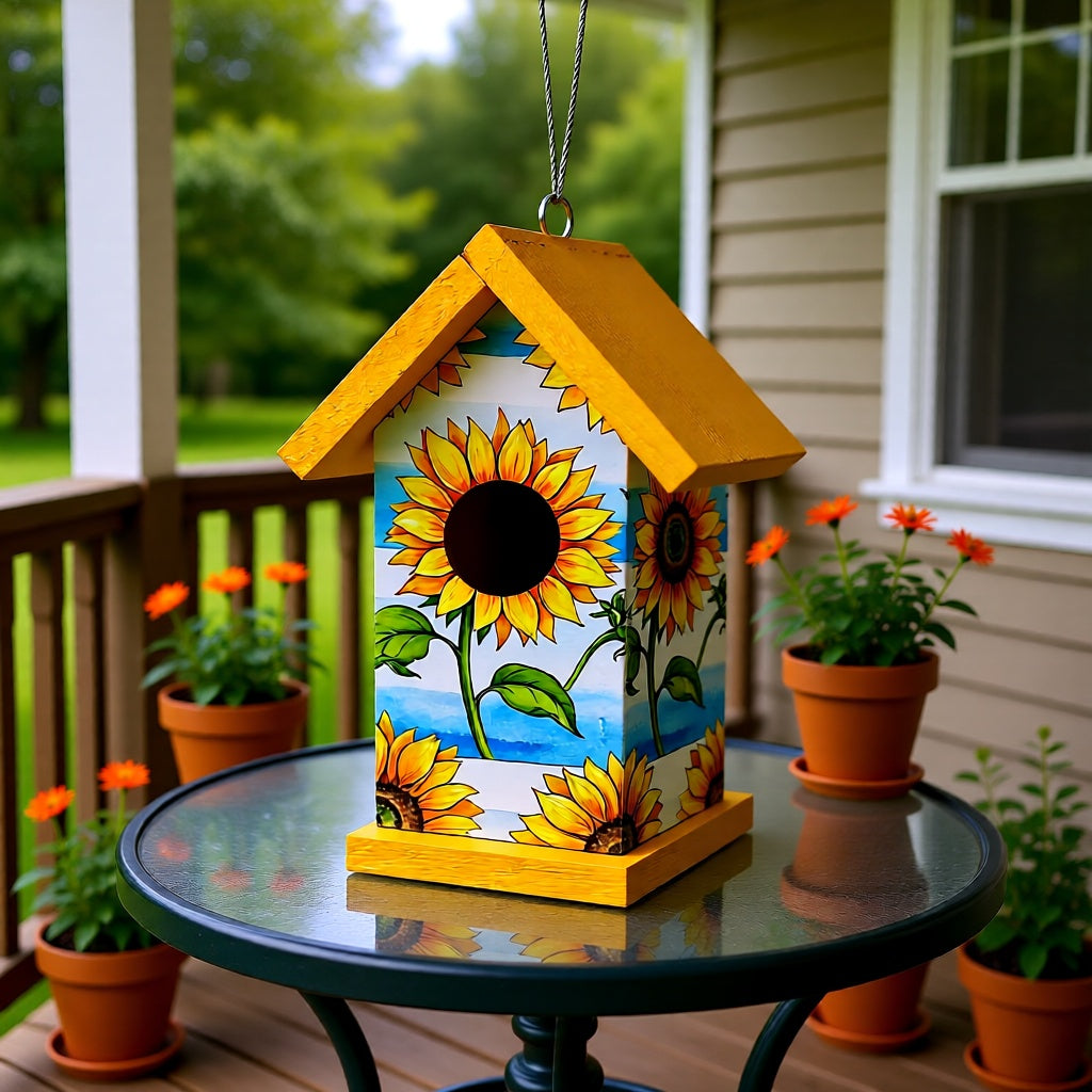 Sunflower & Blue Sky Birdhouse – Handcrafted Reclaimed Wood Decoupaged Birdhouse