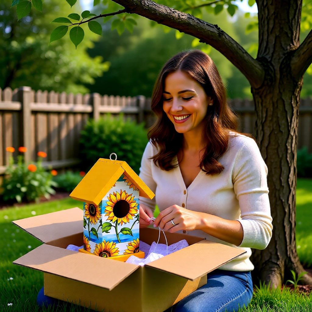 Sunflower & Blue Sky Birdhouse – Handcrafted Reclaimed Wood Decoupaged Birdhouse