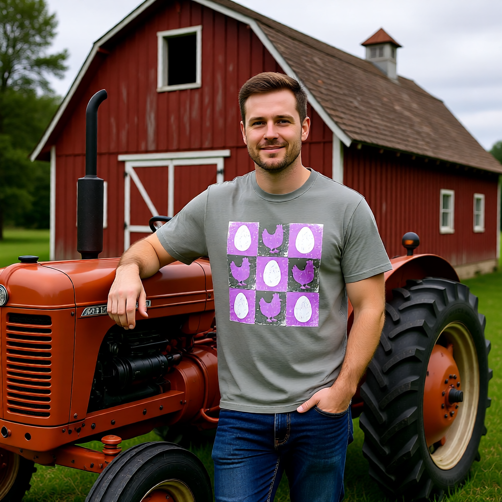 Garment-Dyed Chicken Print T-Shirt | Rooster Checkerboard Unisex Tee