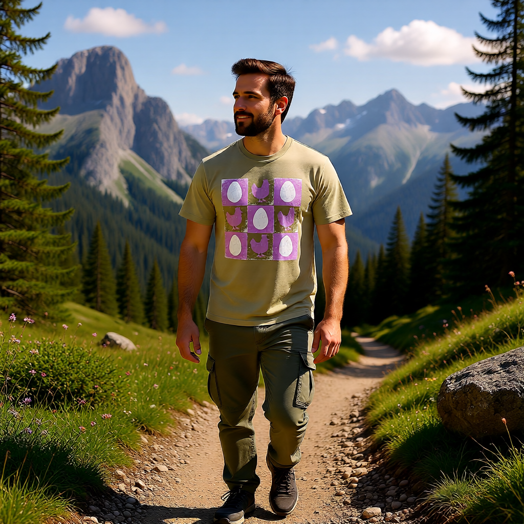 Garment-Dyed Chicken Print T-Shirt | Rooster Checkerboard Unisex Tee