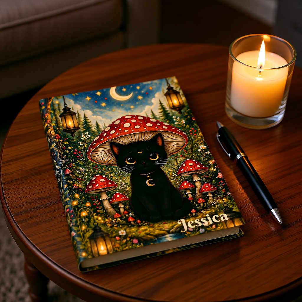 Personalized Black Cat Journal | Moonlit Mushroom Hardcover Notebook for Witchy & Cat Lovers
