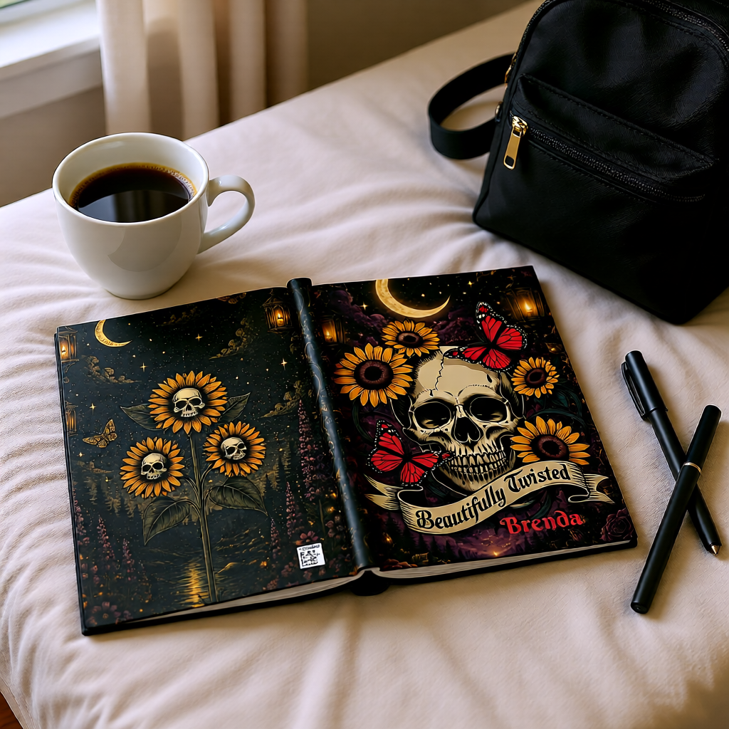 Personalized "Beautifully Twisted" Skull & Sunflower Journal — Custom Name Gothic Hardcover Notebook | Lined Pages, Witchy Gift