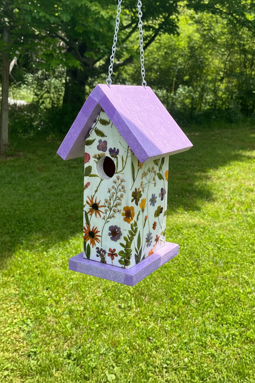 Handmade Purple Wildflower Wooden Birdhouse