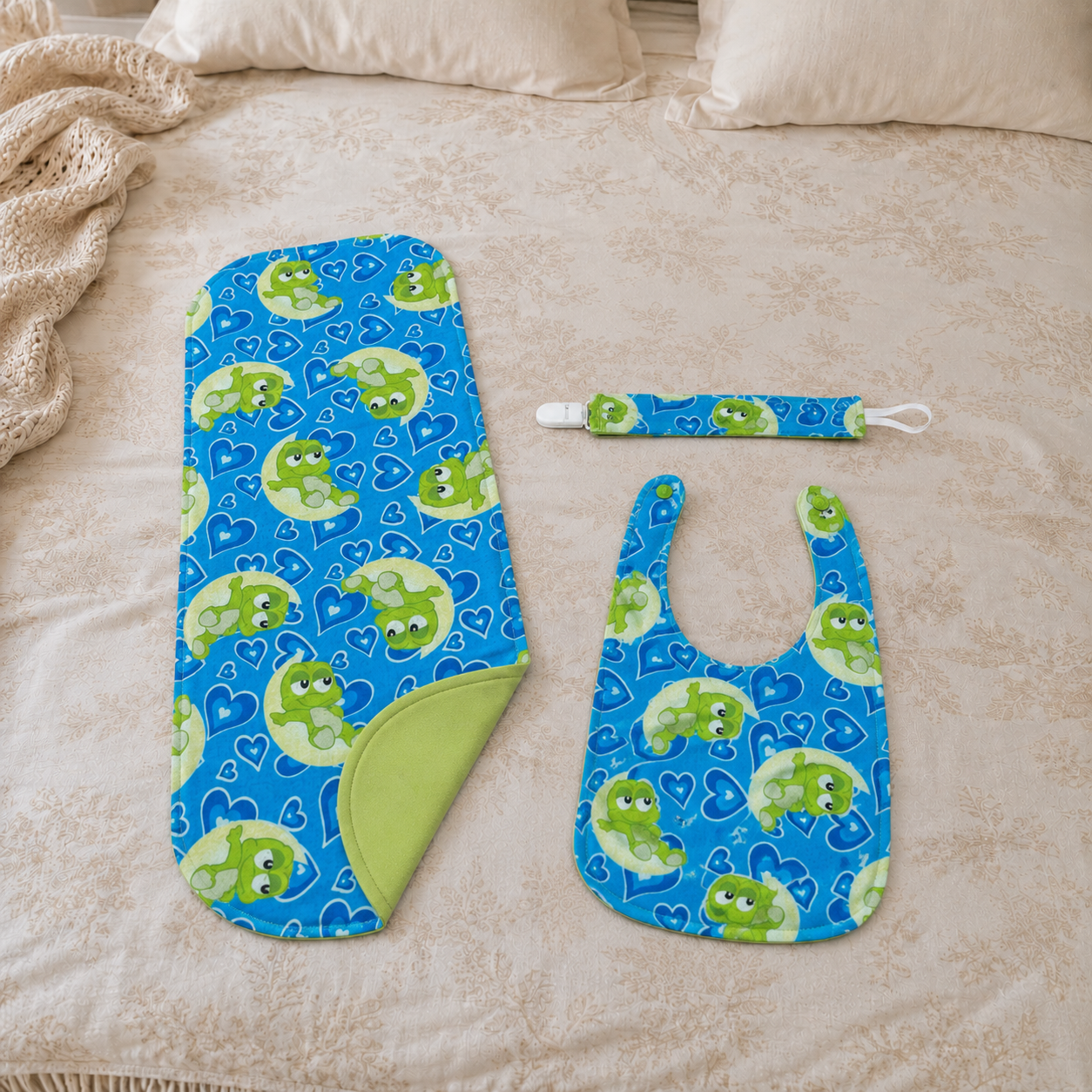 Blue Baby Frog Bib Set – Handmade Bib, Burp Cloth & Pacifier Holder for Newborns (0–3 Months)