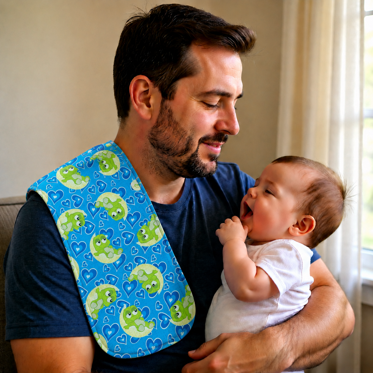 Blue Baby Frog Bib Set – Handmade Bib, Burp Cloth & Pacifier Holder for Newborns (0–3 Months)