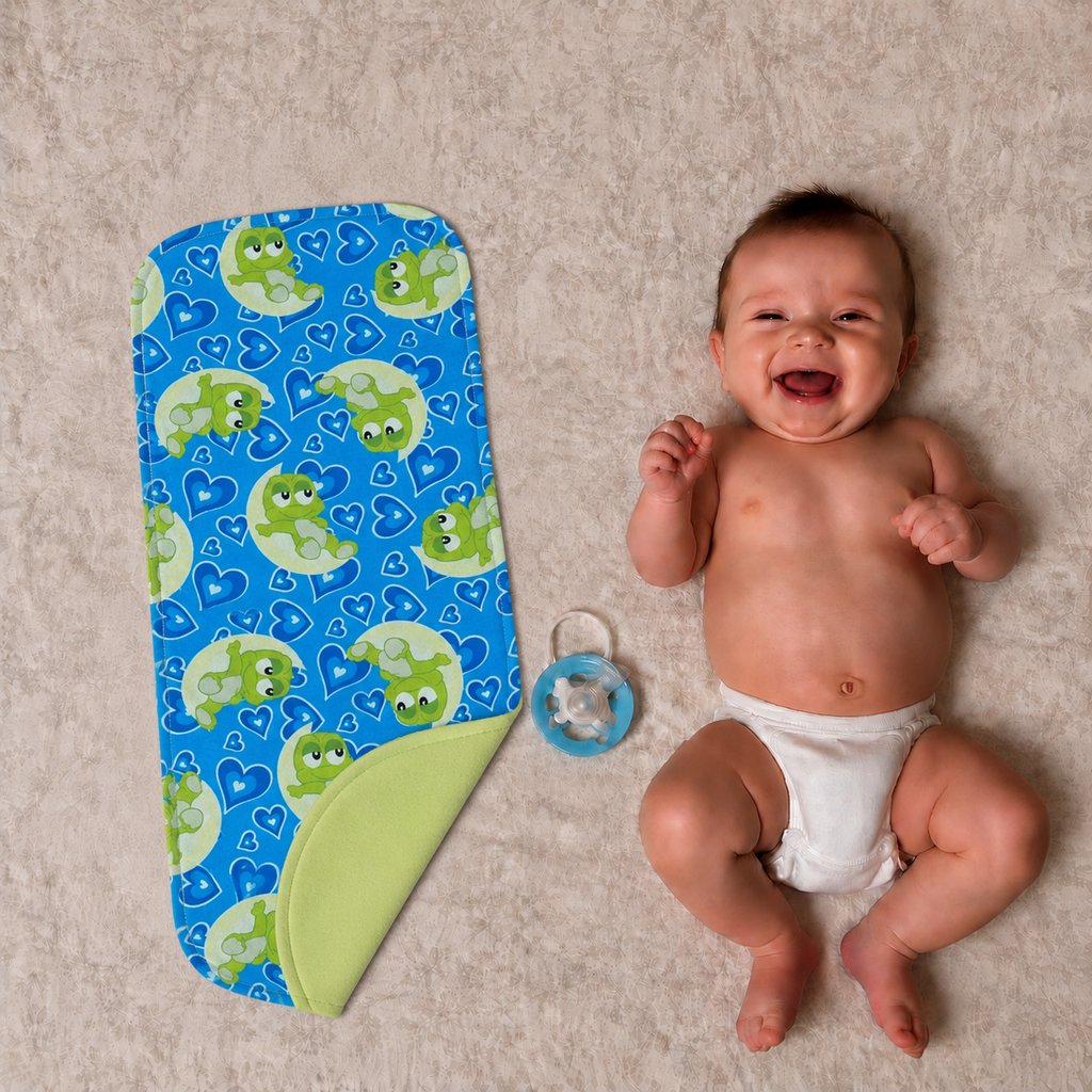 Blue Baby Frog Bib Set – Handmade Bib, Burp Cloth & Pacifier Holder for Newborns (0–3 Months)