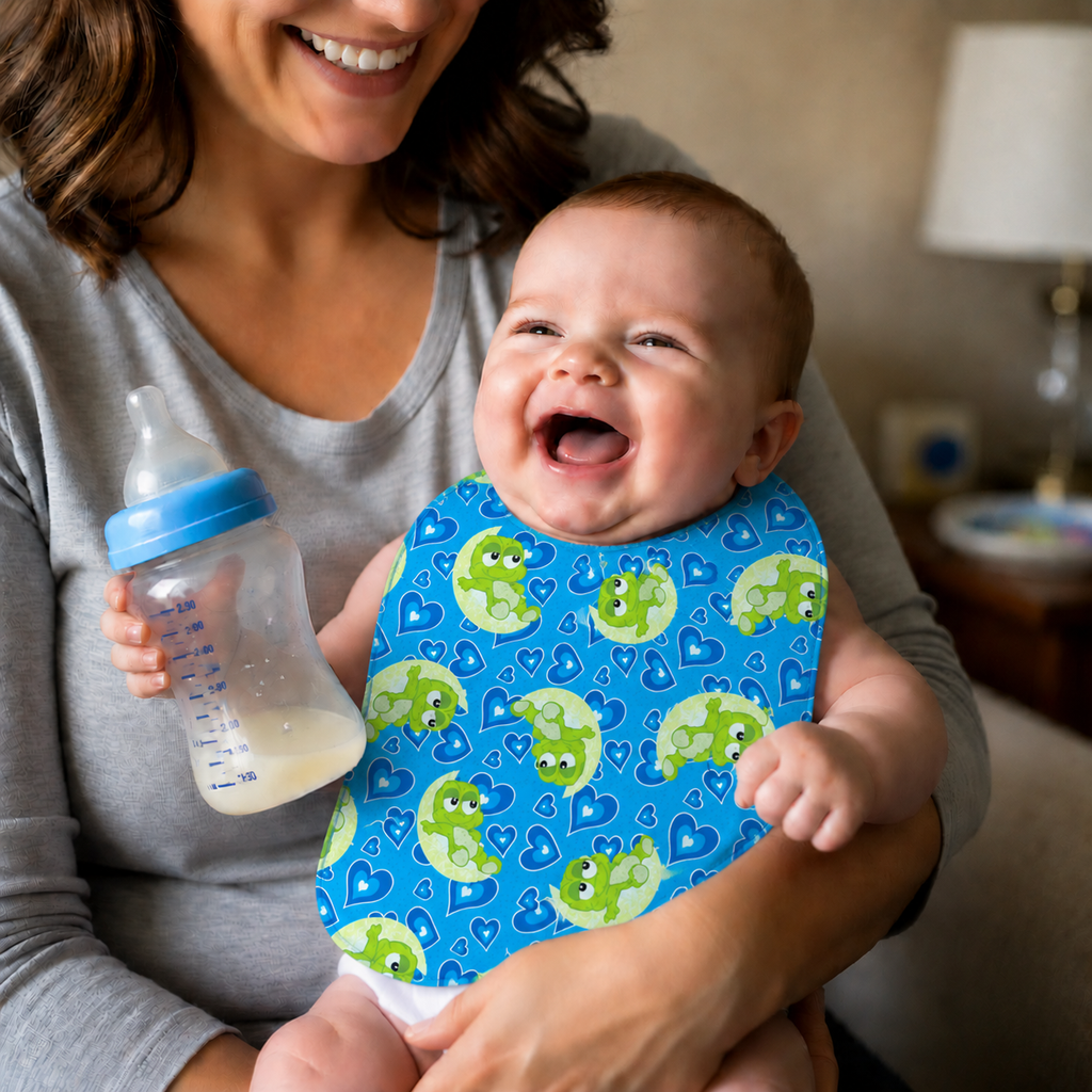 Blue Baby Frog Bib Set – Handmade Bib, Burp Cloth & Pacifier Holder for Newborns (0–3 Months)