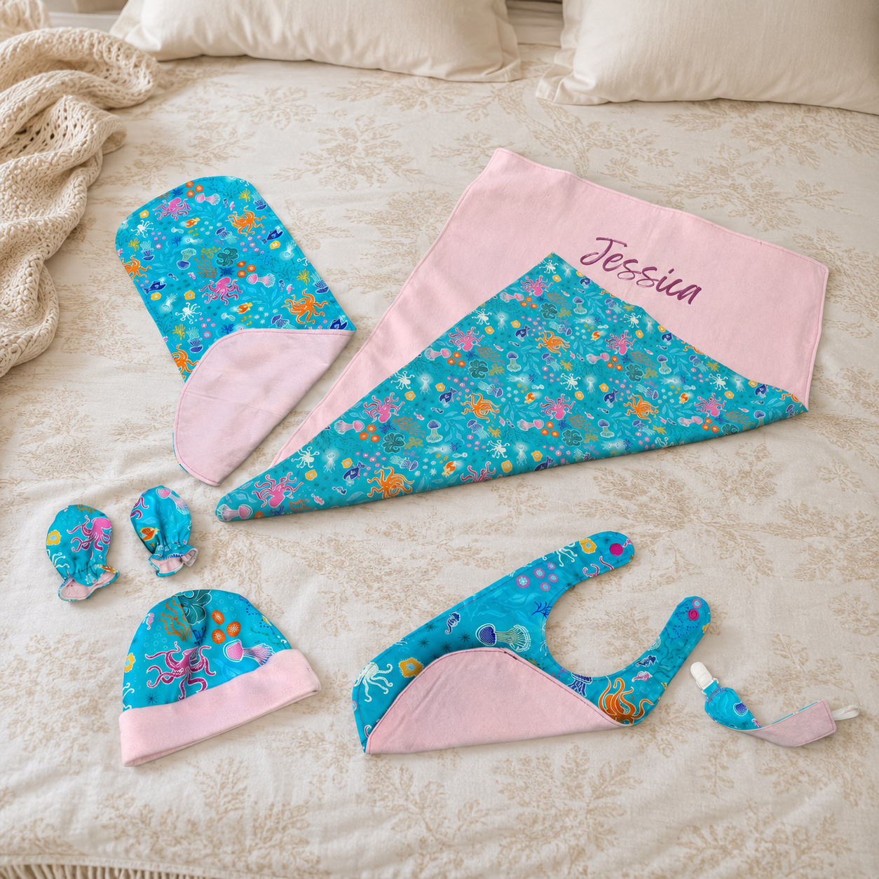 Pink Glow in the Dark Ocean Baby Gift Set – Handmade Newborn Essentials (0–3 Months)